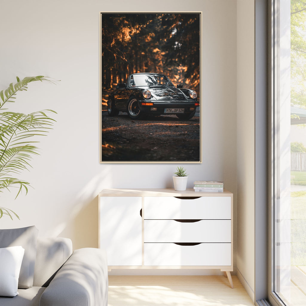 Framed Matte Canvas Print — Vintage Black Porsche in Autumn Forest