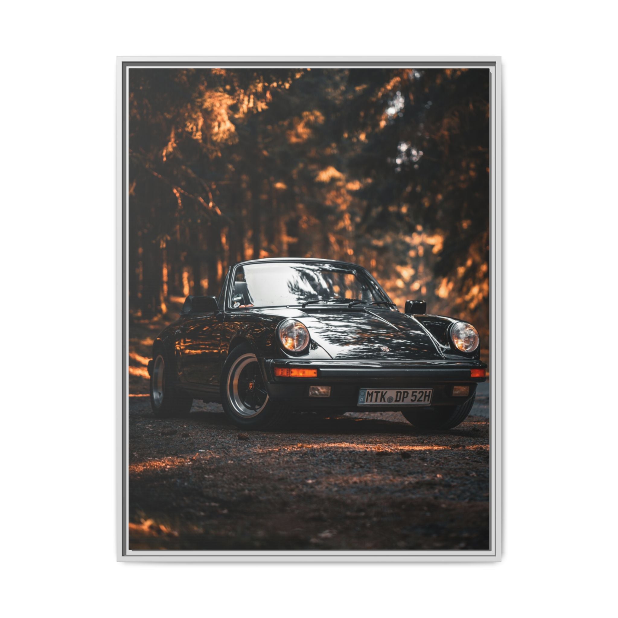 Framed Matte Canvas Print — Vintage Black Porsche in Autumn Forest