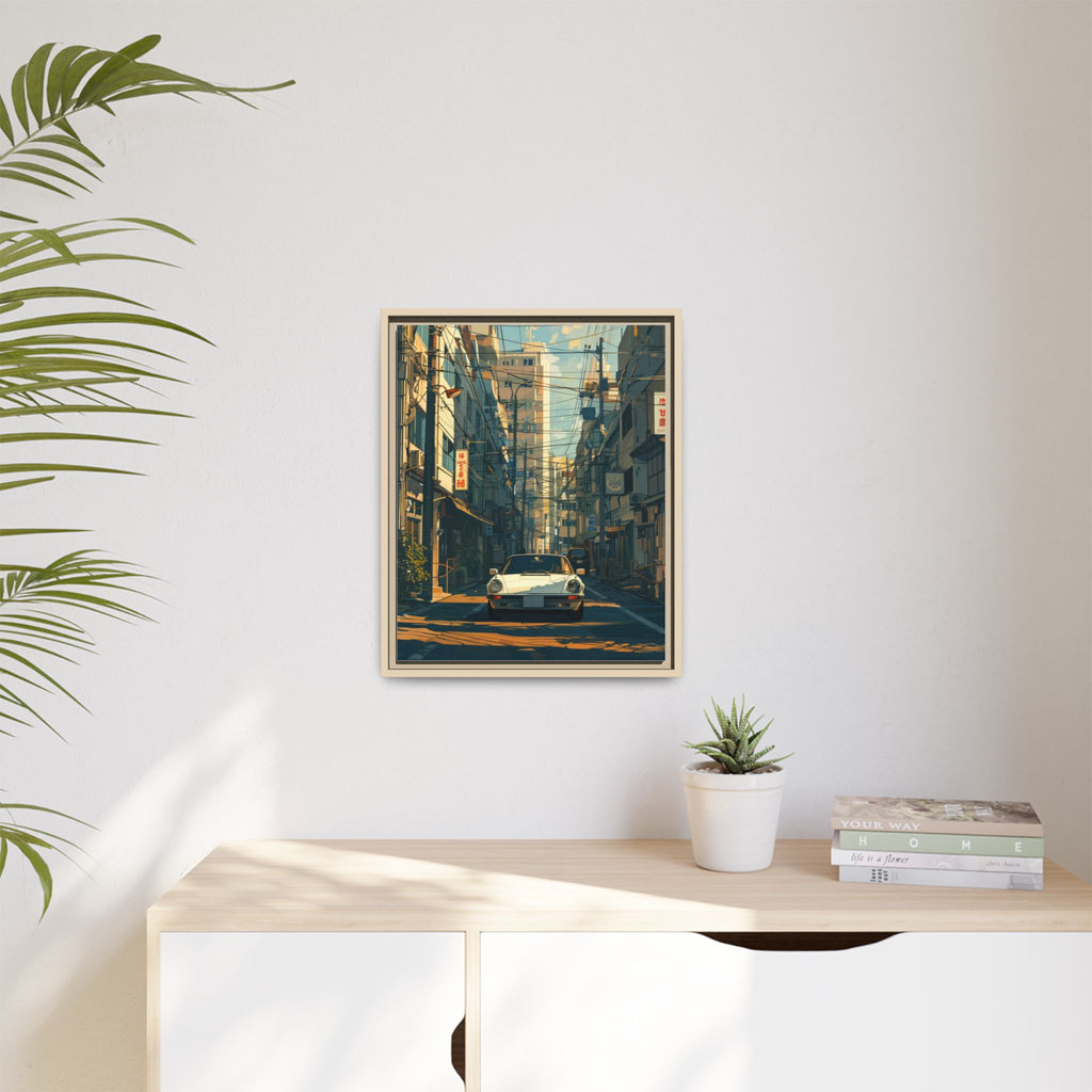 Vintage Sports Car Cityscape Framed Canvas Print
