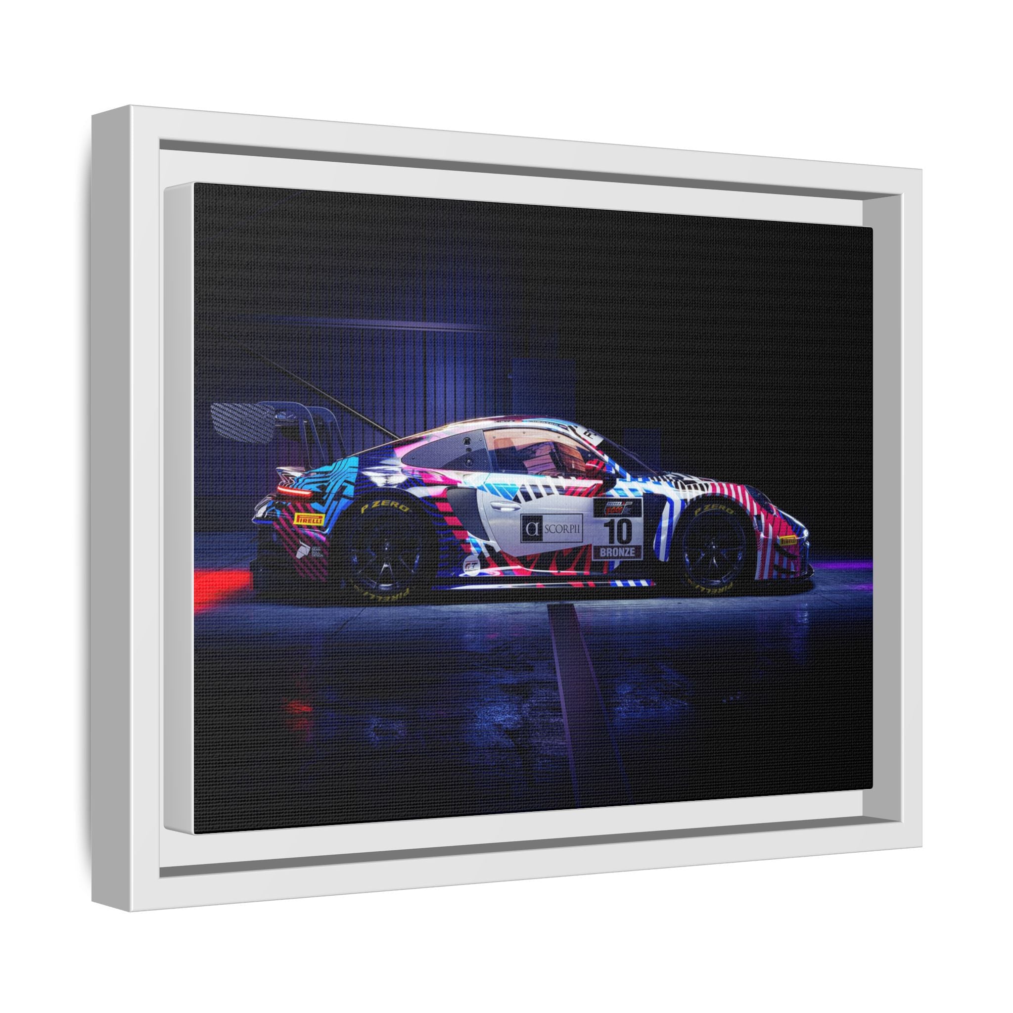 Framed Matte Canvas Print — Neon Racecar Wall Art
