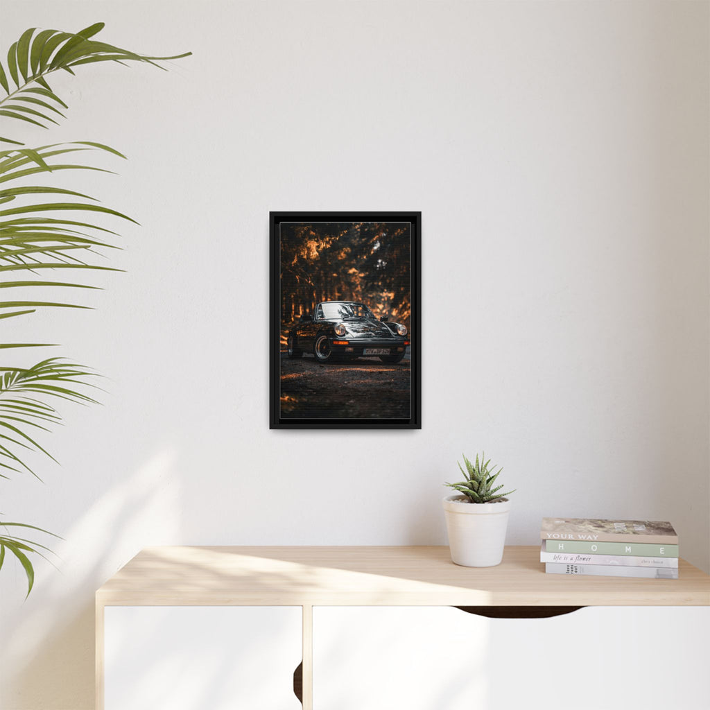 Framed Matte Canvas Print — Vintage Black Porsche in Autumn Forest