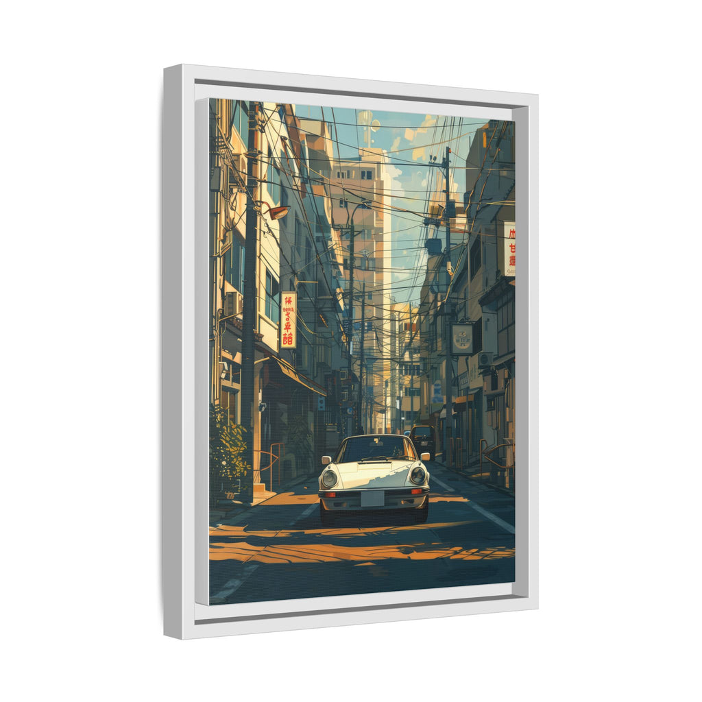 Vintage Sports Car Cityscape Framed Canvas Print