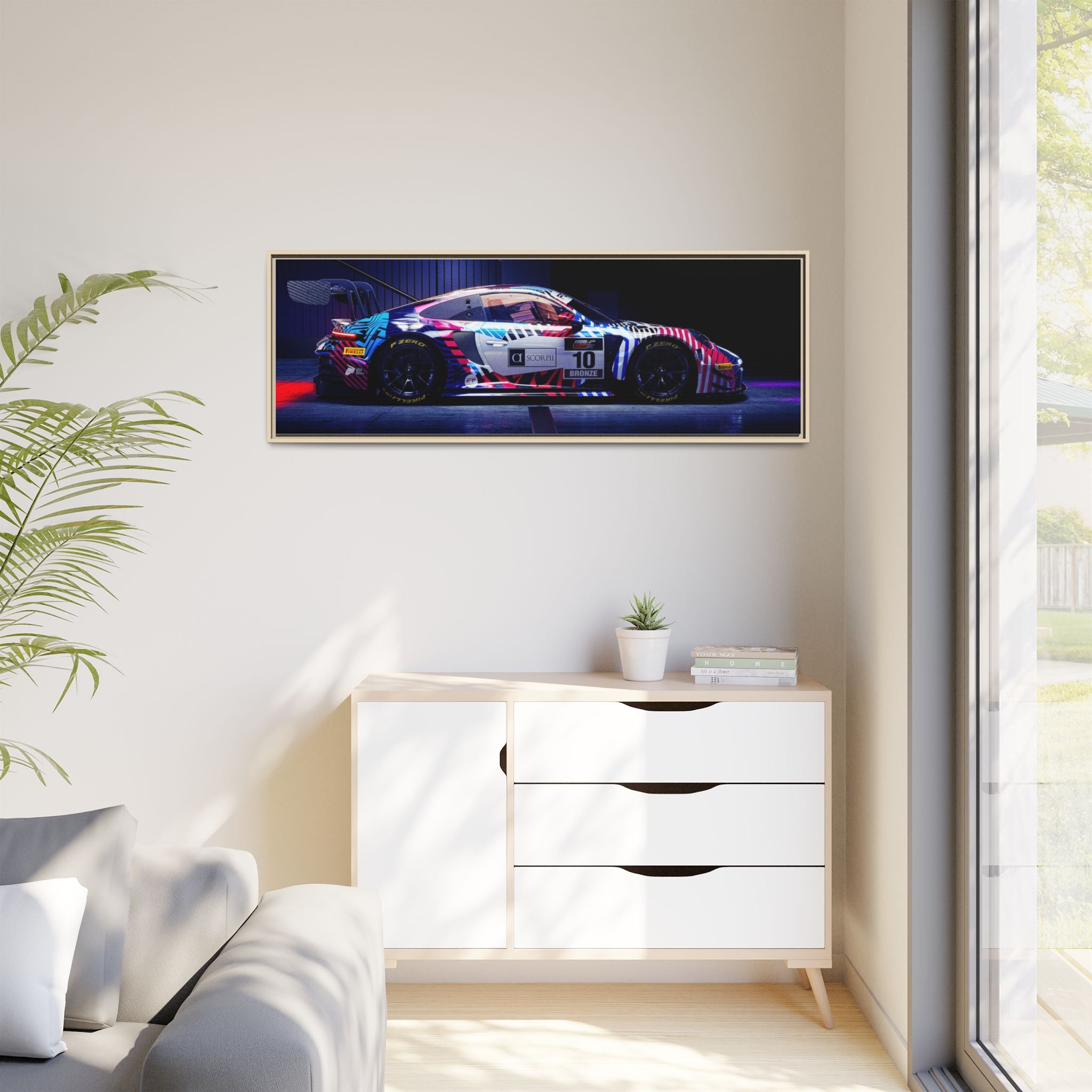 Framed Matte Canvas Print — Neon Racecar Wall Art