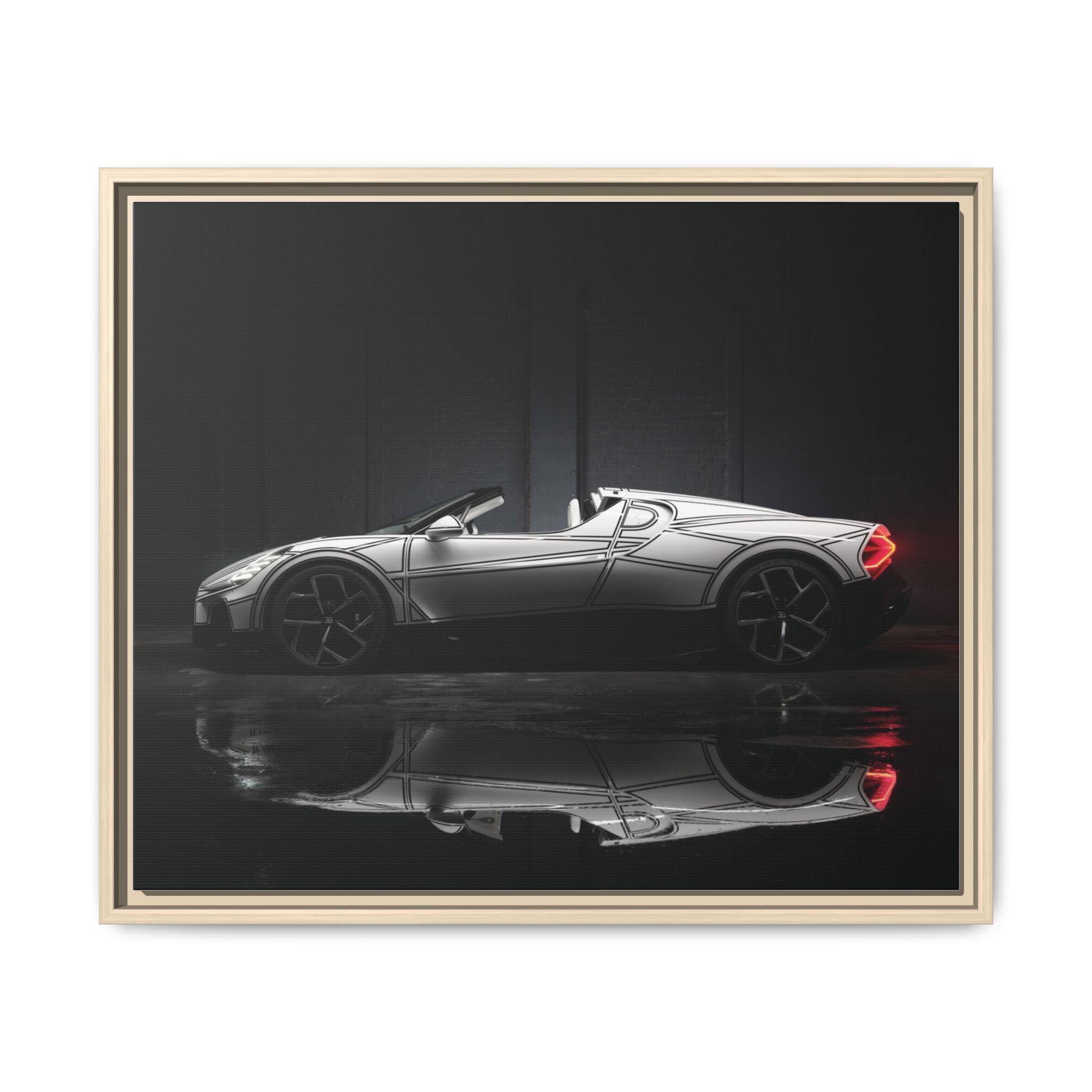 Framed Matte Canvas: Sleek Sports Car Reflection Wall Art