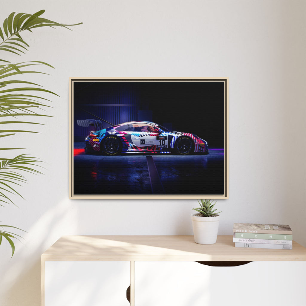 Framed Matte Canvas Print — Neon Racecar Wall Art