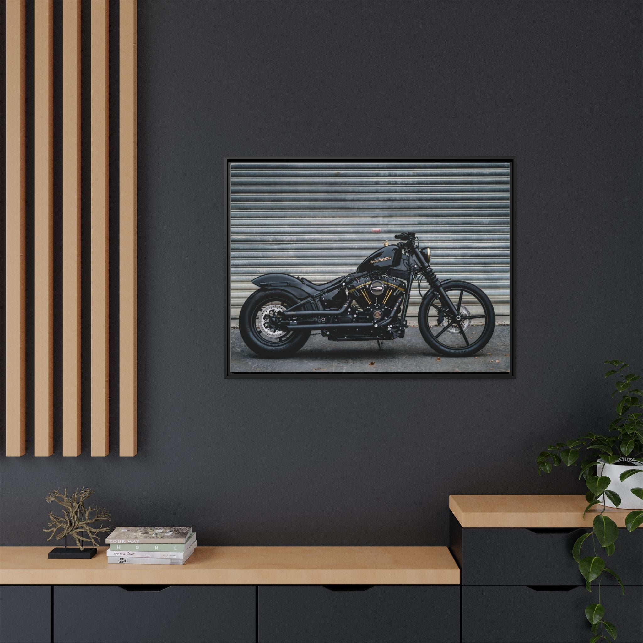 Framed Matte Canvas Motorcycle Print — Black Bobber Wall Art