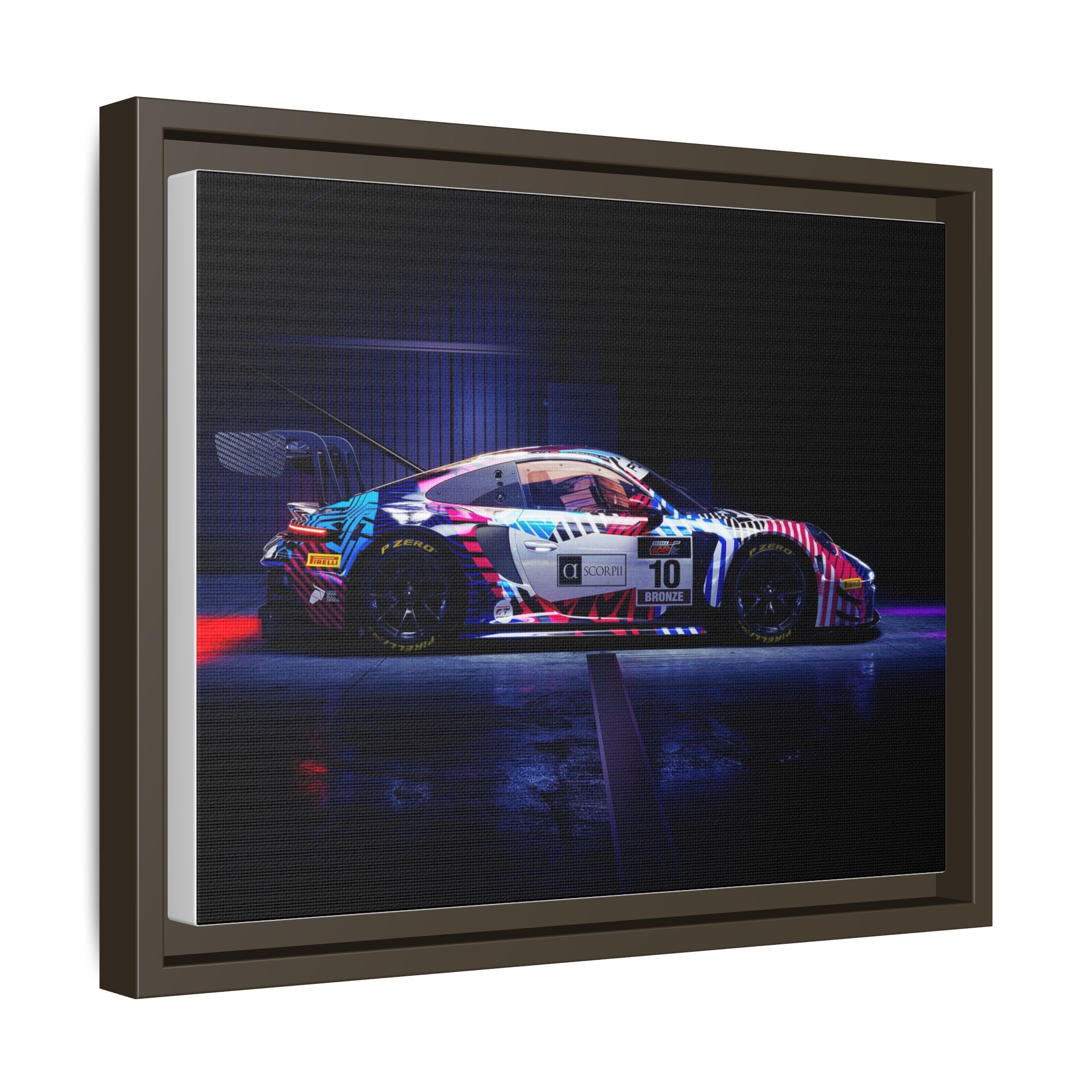 Framed Matte Canvas Print — Neon Racecar Wall Art