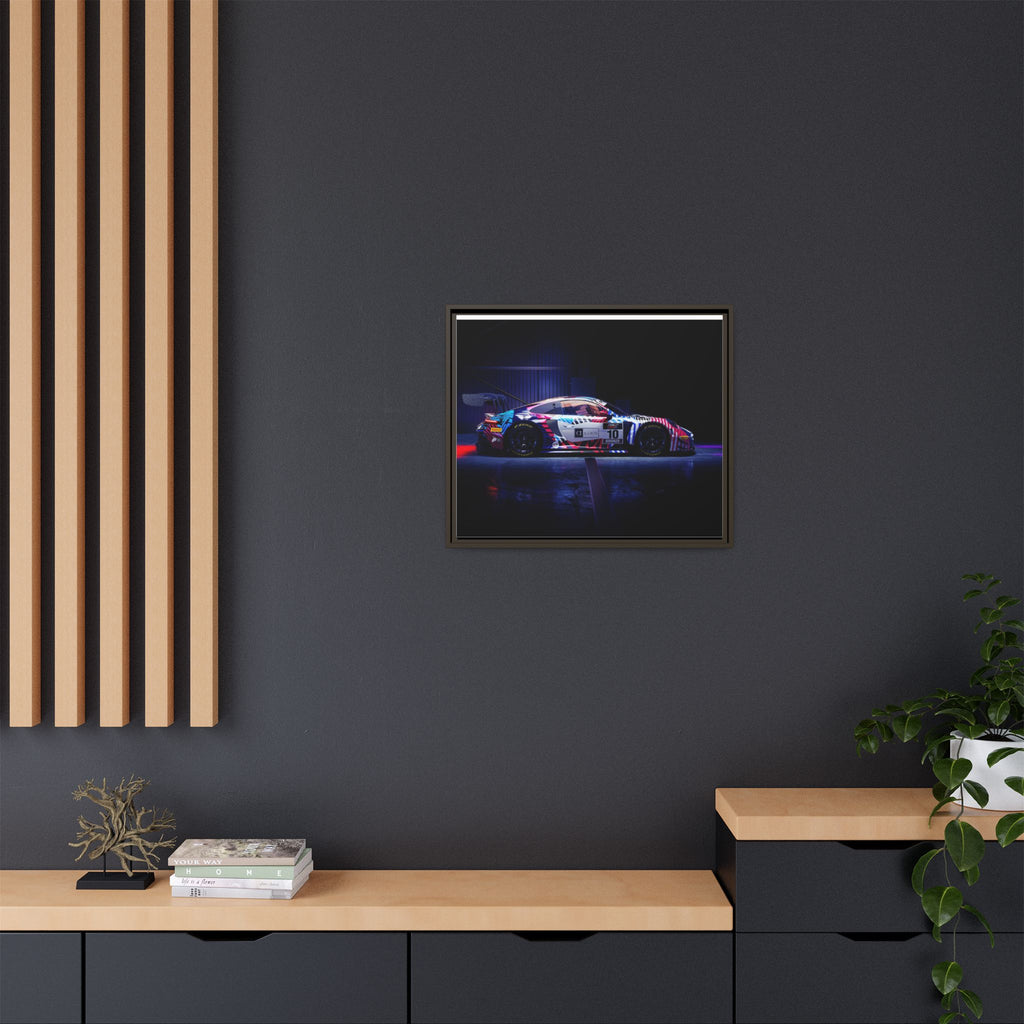 Framed Matte Canvas Print — Neon Racecar Wall Art