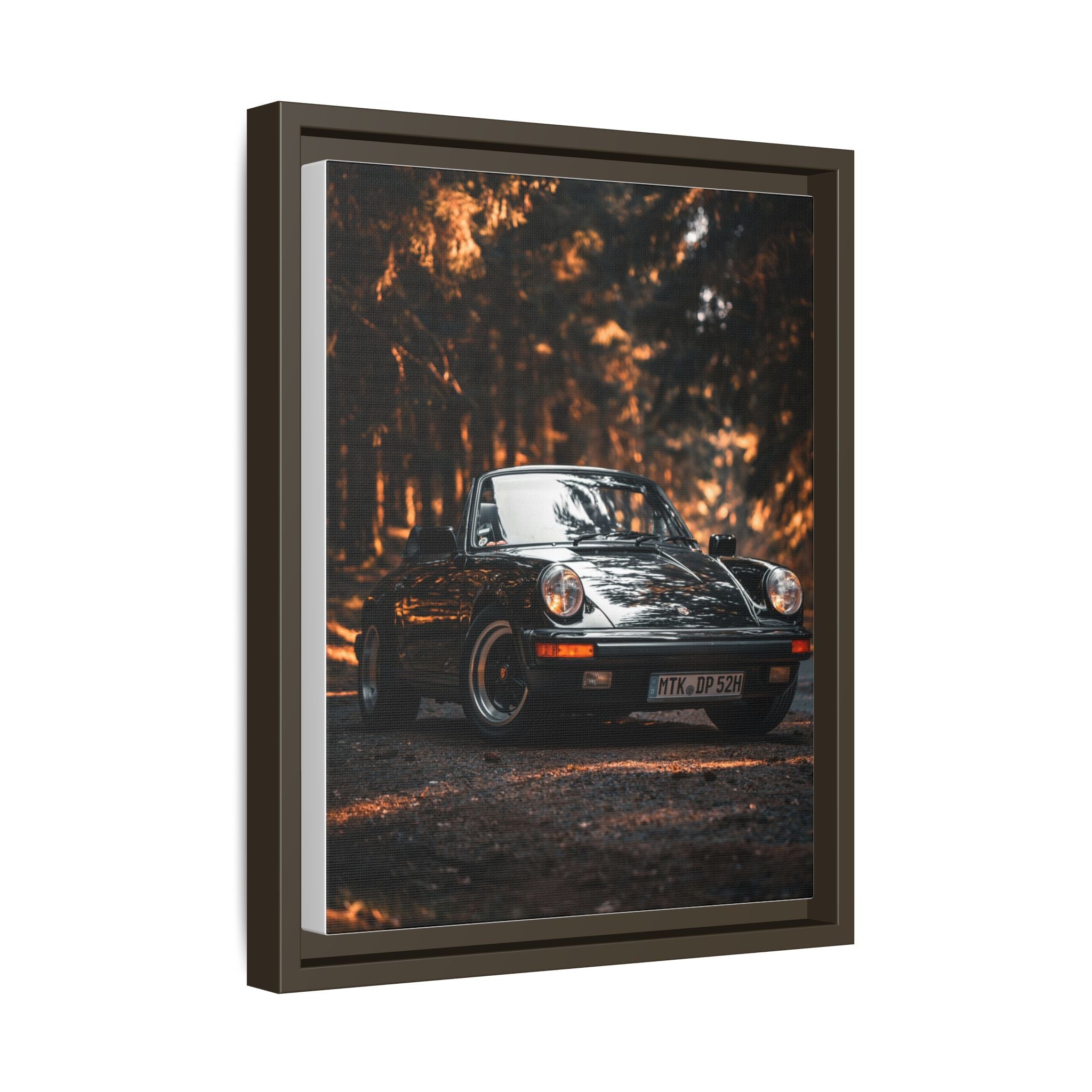 Framed Matte Canvas Print — Vintage Black Porsche in Autumn Forest