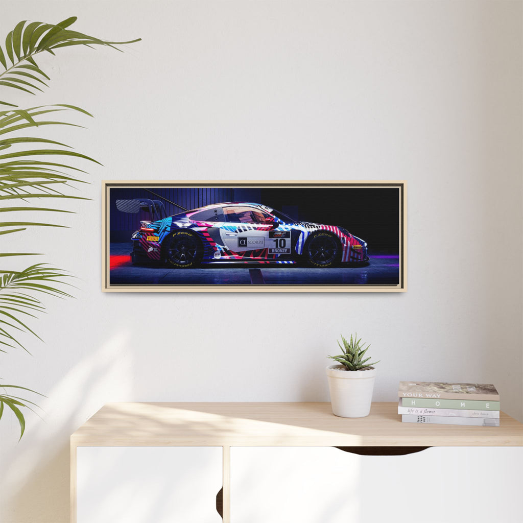 Framed Matte Canvas Print — Neon Racecar Wall Art