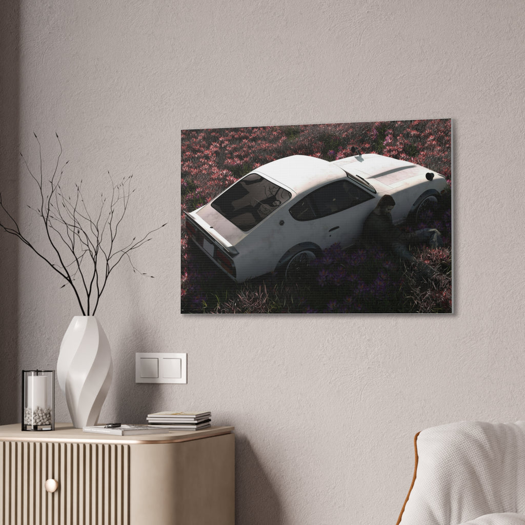 Vintage White Datsun in Wildflower Field Canvas