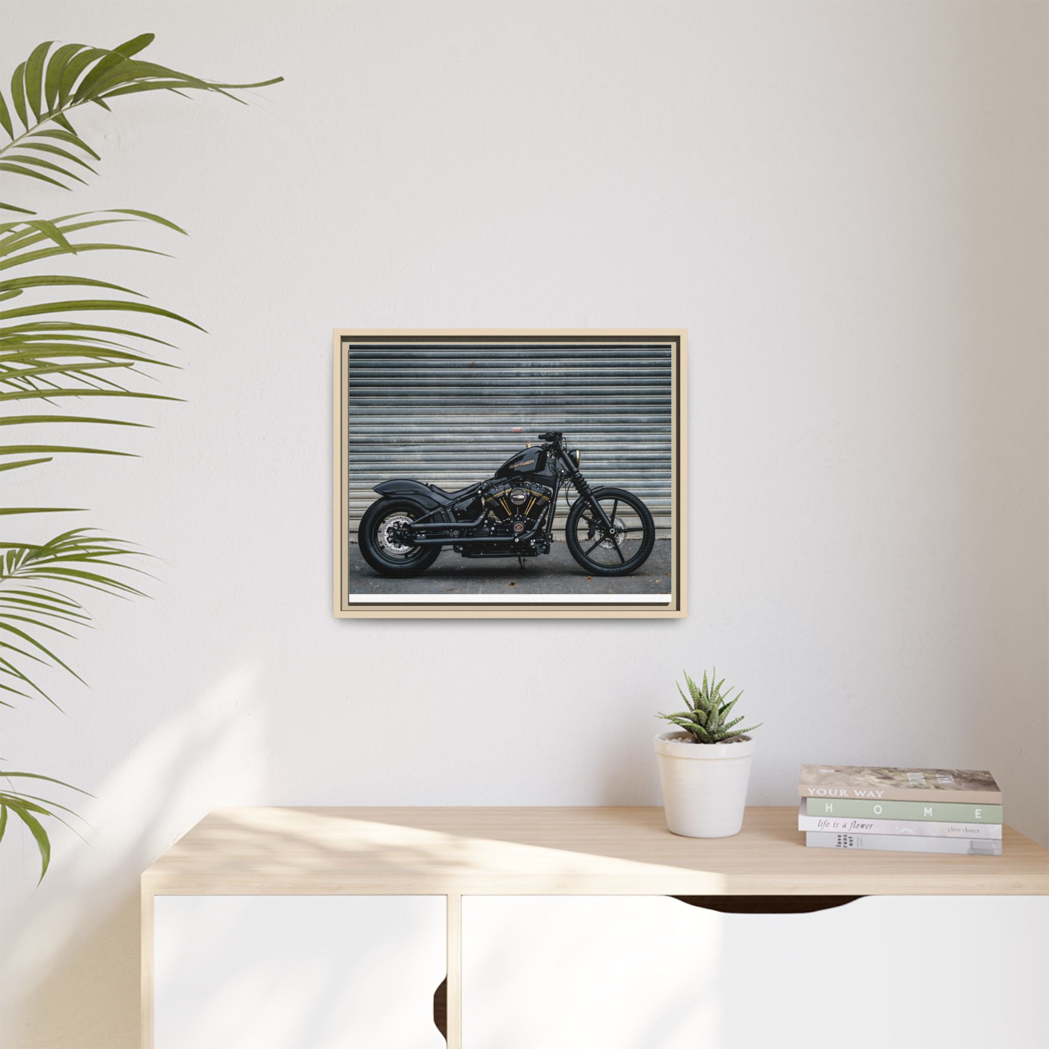 Framed Matte Canvas Motorcycle Print — Black Bobber Wall Art