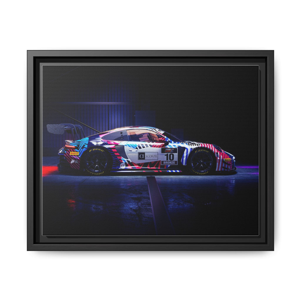 Framed Matte Canvas Print — Neon Racecar Wall Art