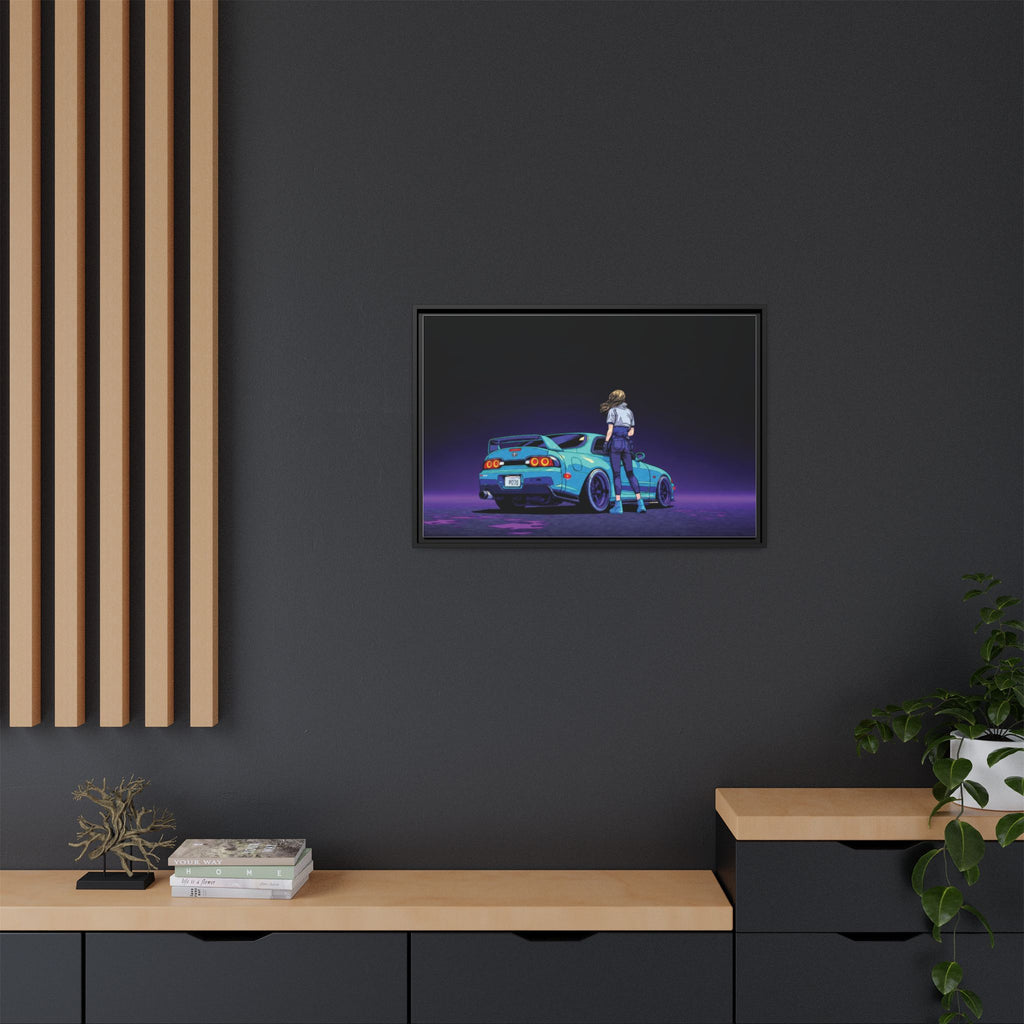 Retro Neon Race Car Poster Matte Canvas Framed | Anime Driver Wall Art