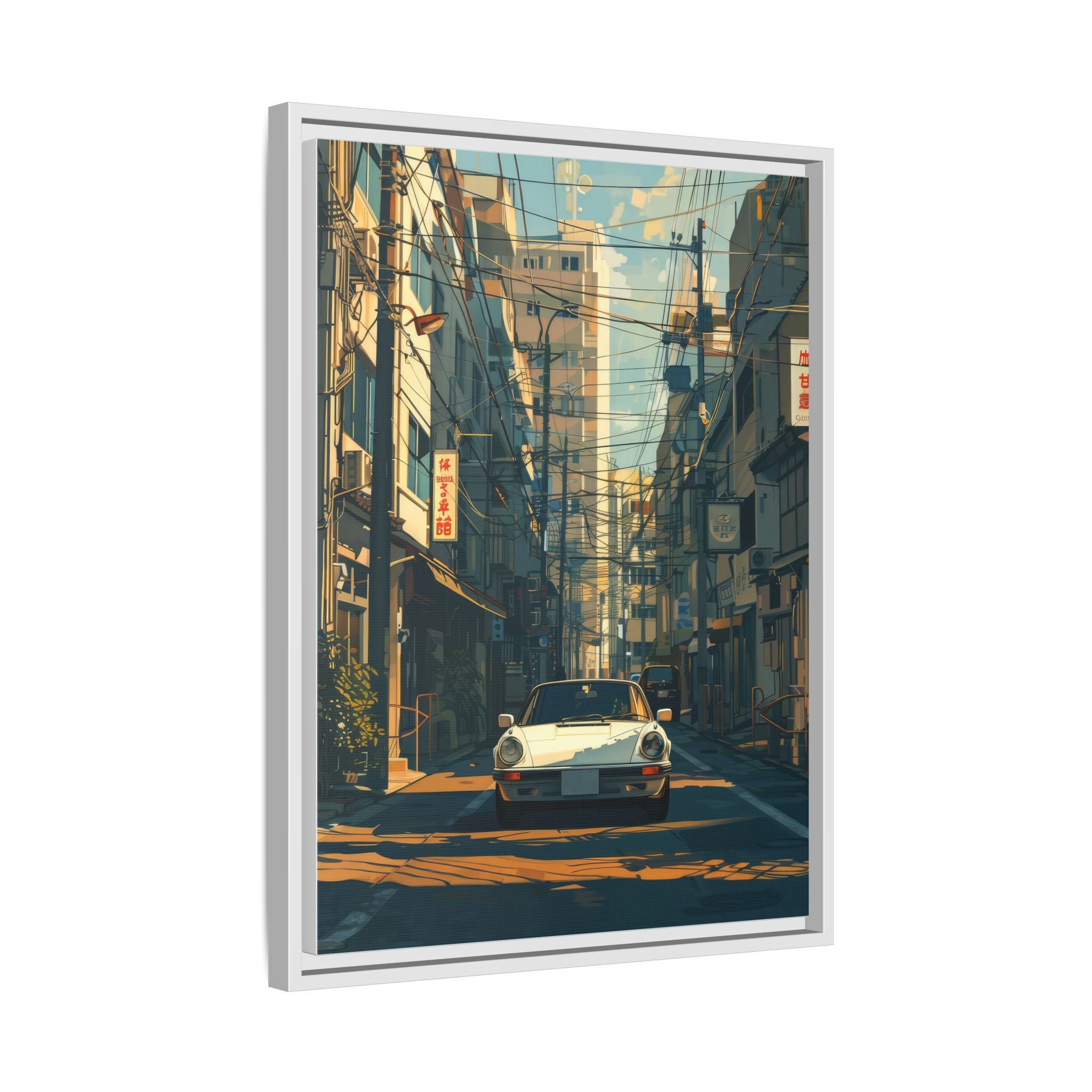 Vintage Sports Car Cityscape Framed Canvas Print