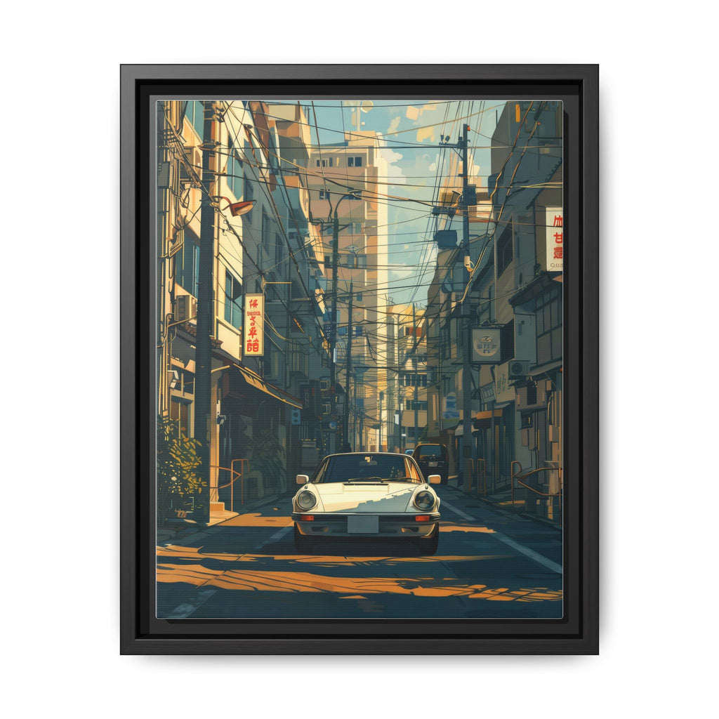 Vintage Sports Car Cityscape Framed Canvas Print