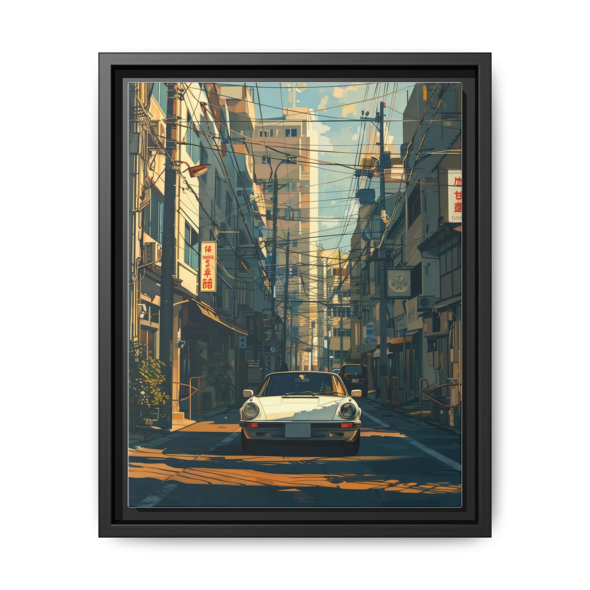 Vintage Sports Car Cityscape Framed Canvas Print