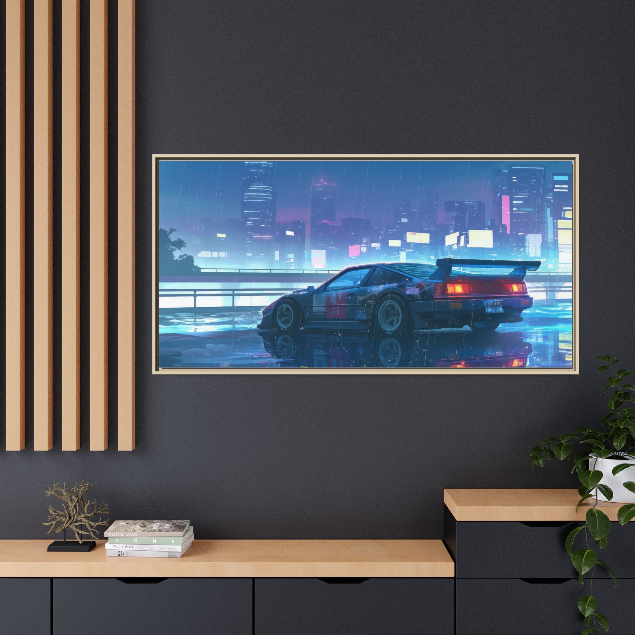 Retro Neon City Car Matte Canvas Print — Framed Wall Art