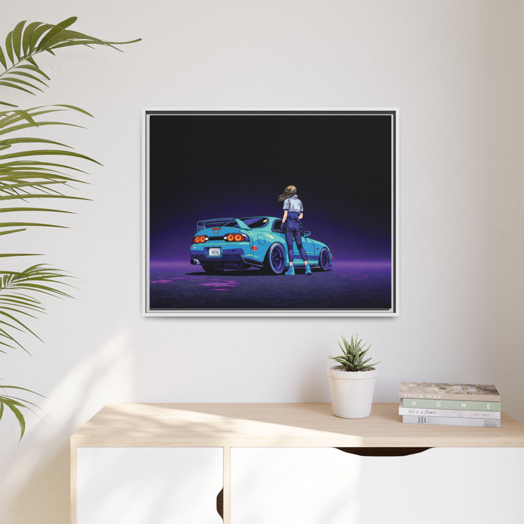 Retro Neon Race Car Poster Matte Canvas Framed | Anime Driver Wall Art