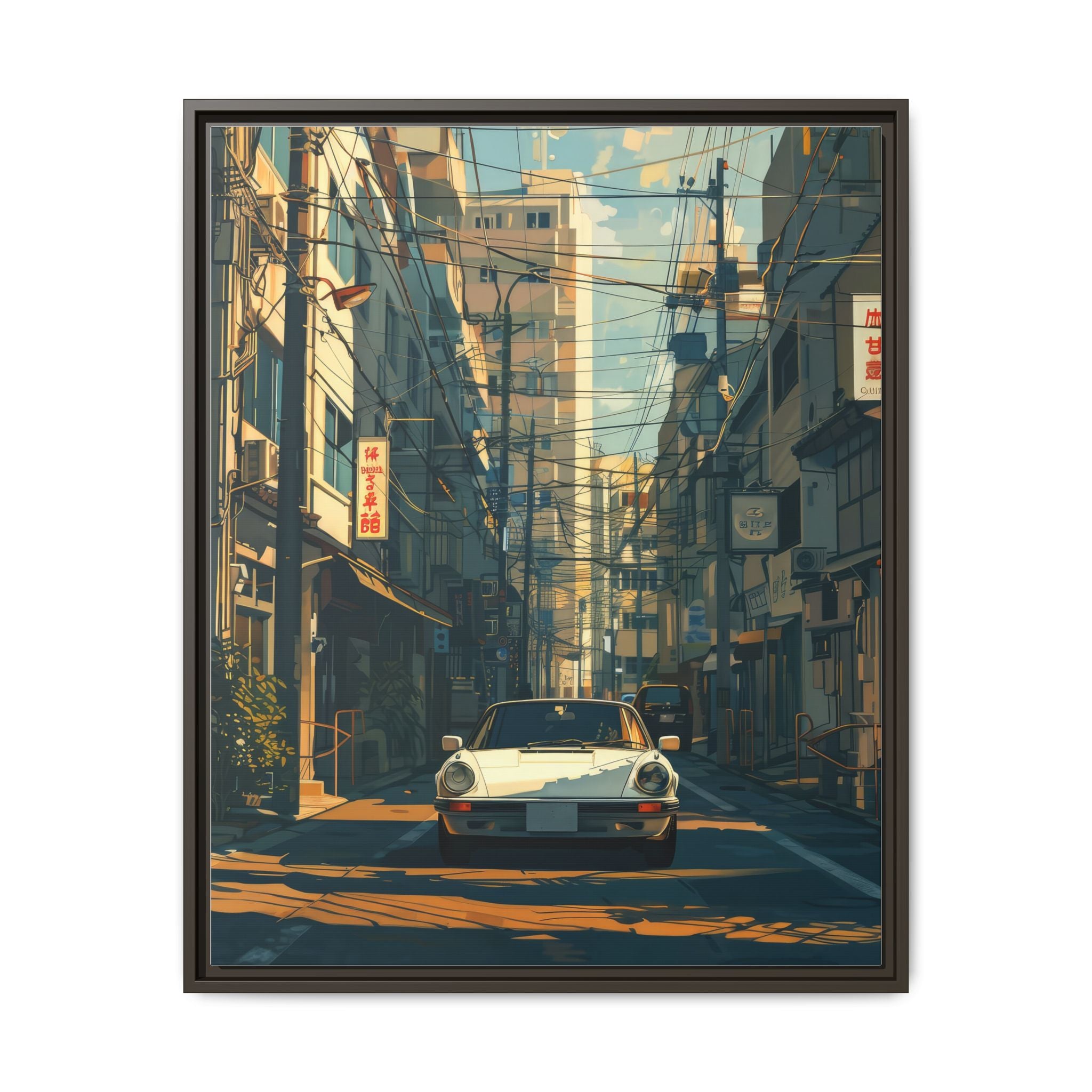 Vintage Sports Car Cityscape Framed Canvas Print