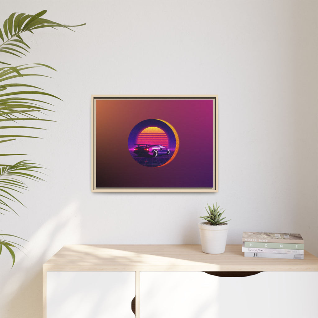 Retro Sunset Sports Car Matte Canvas Framed Wall Art