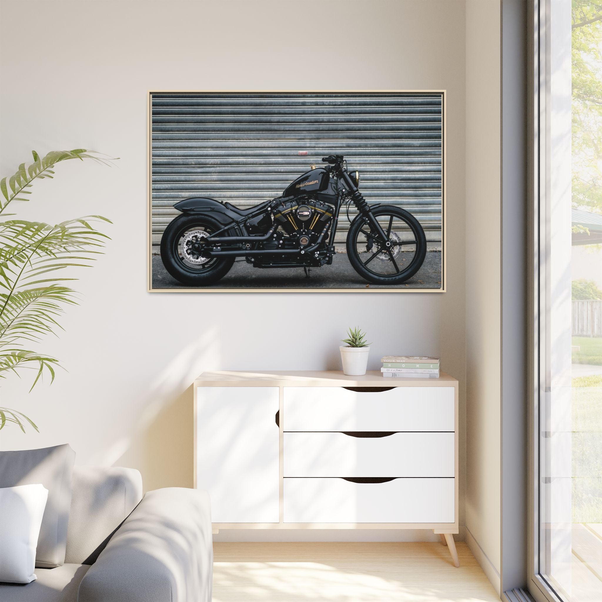 Framed Matte Canvas Motorcycle Print — Black Bobber Wall Art