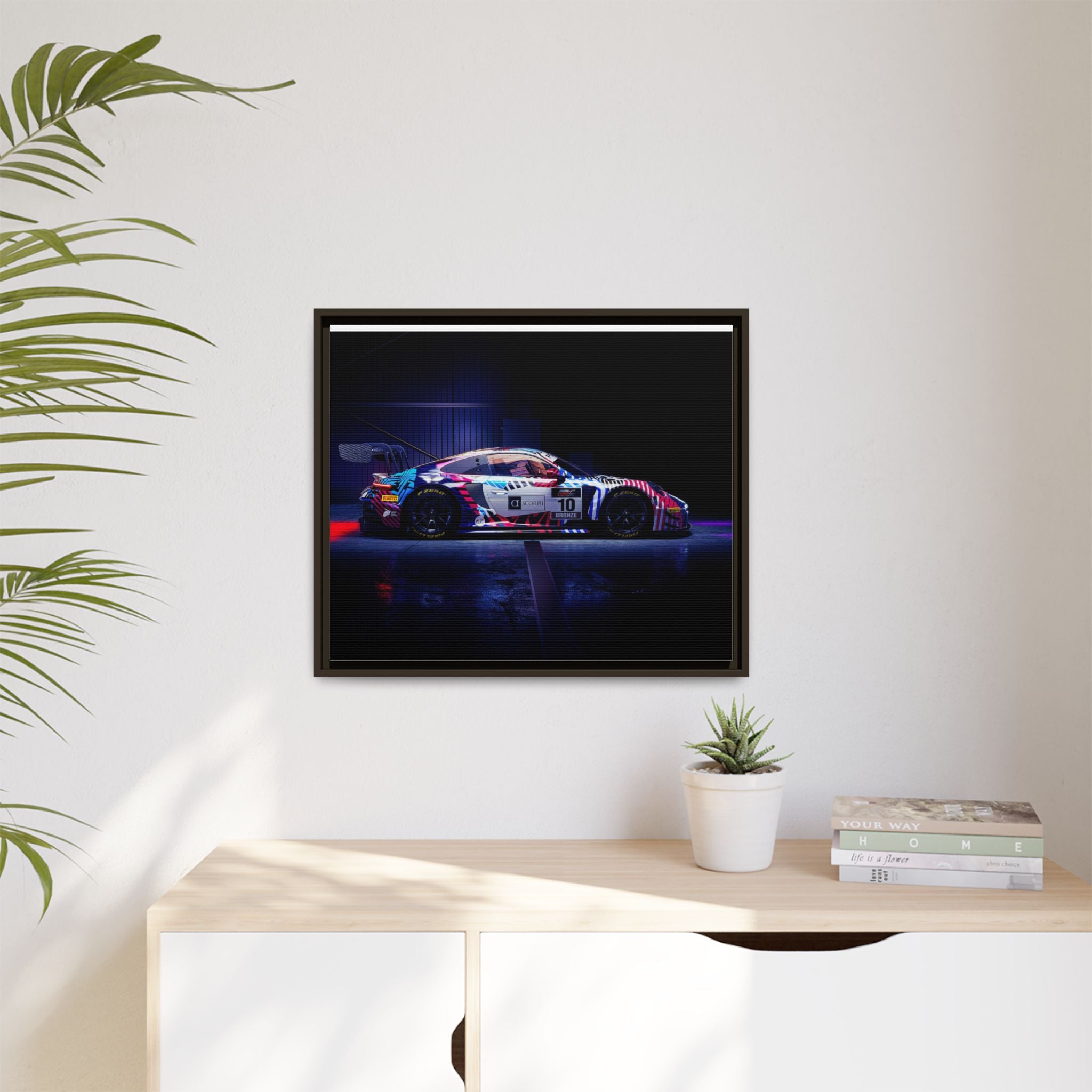 Framed Matte Canvas Print — Neon Racecar Wall Art