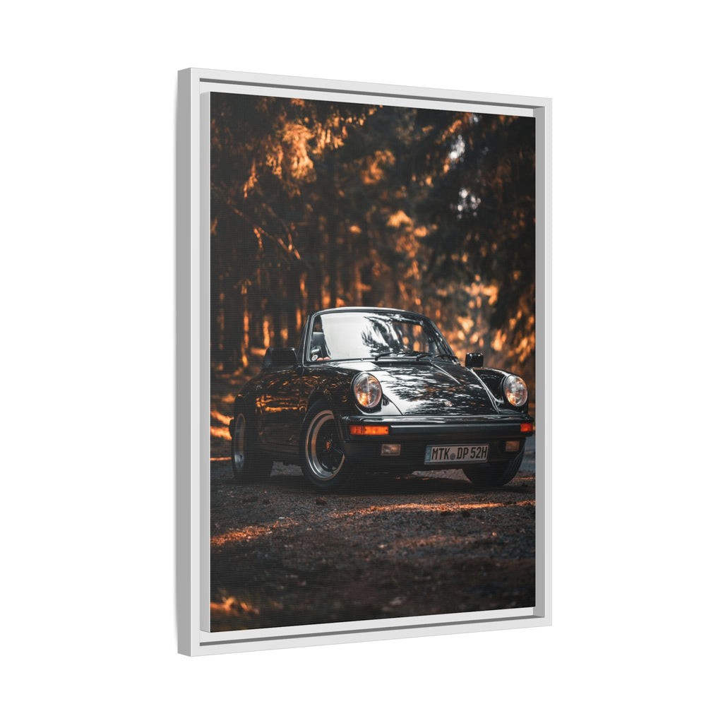 Framed Matte Canvas Print — Vintage Black Porsche in Autumn Forest