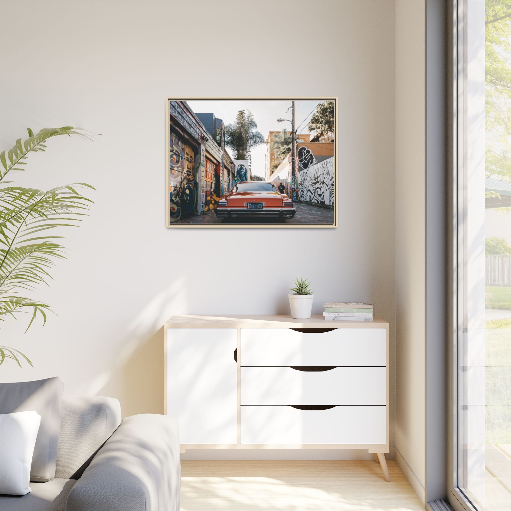 Vintage Chevrolet in Graffiti Alley — Framed Matte Canvas Wall Art