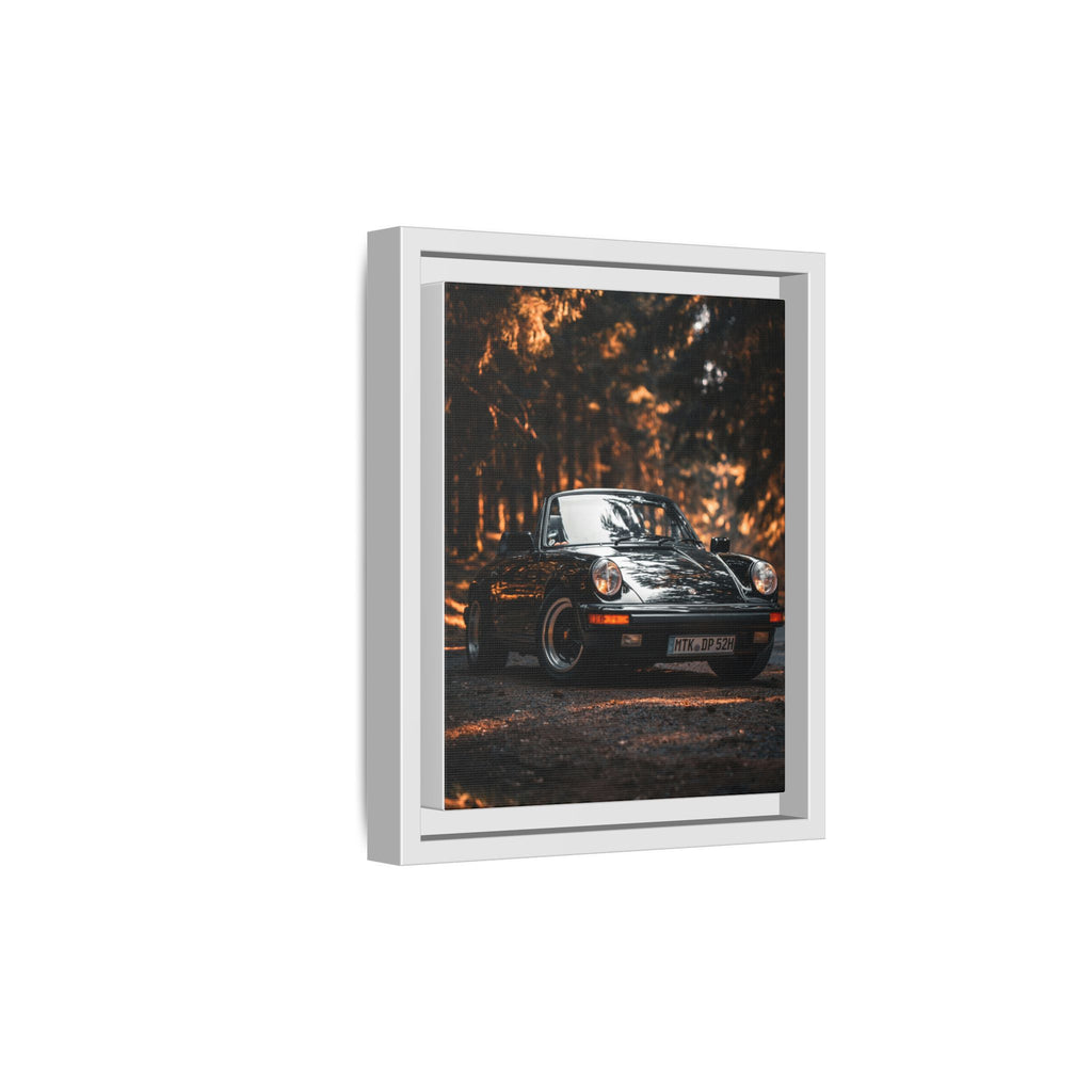 Framed Matte Canvas Print — Vintage Black Porsche in Autumn Forest