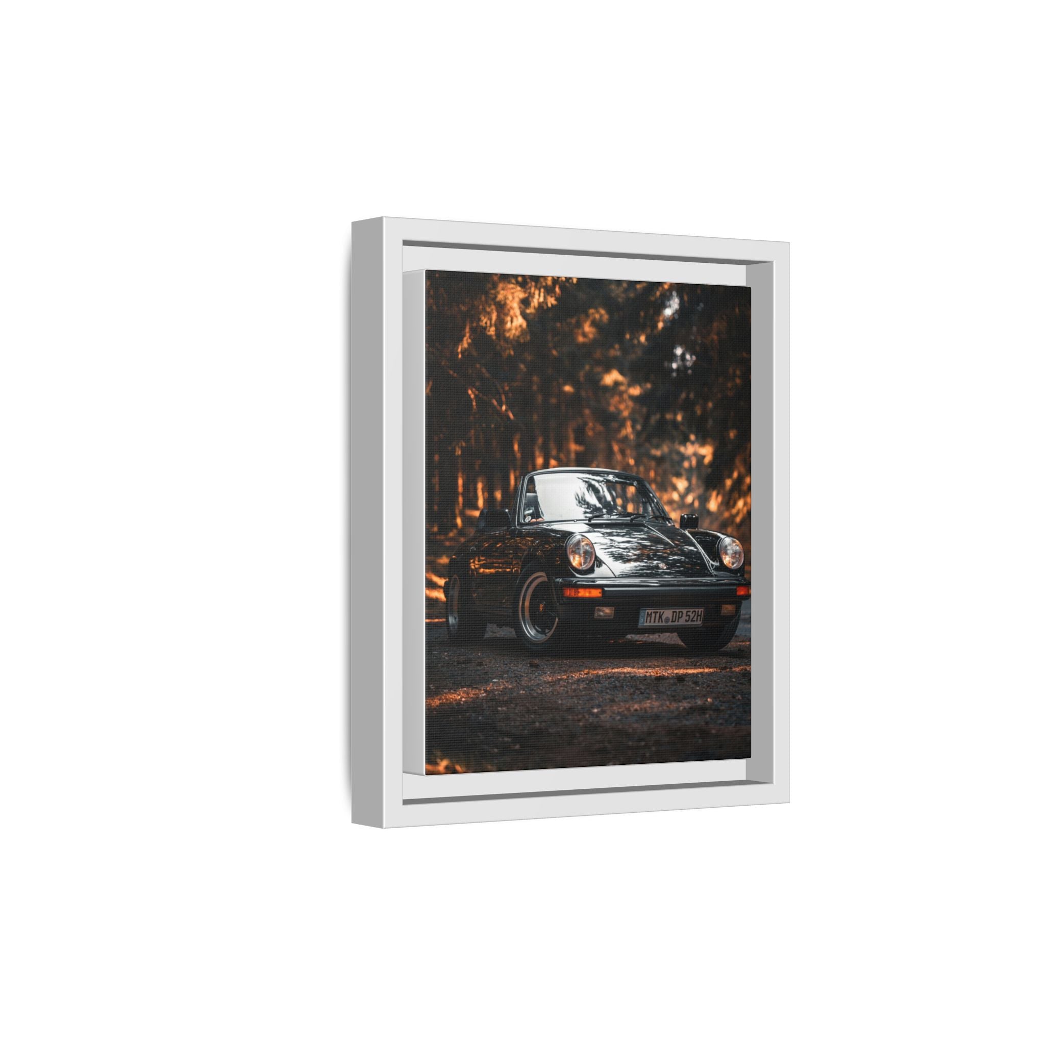 Framed Matte Canvas Print — Vintage Black Porsche in Autumn Forest