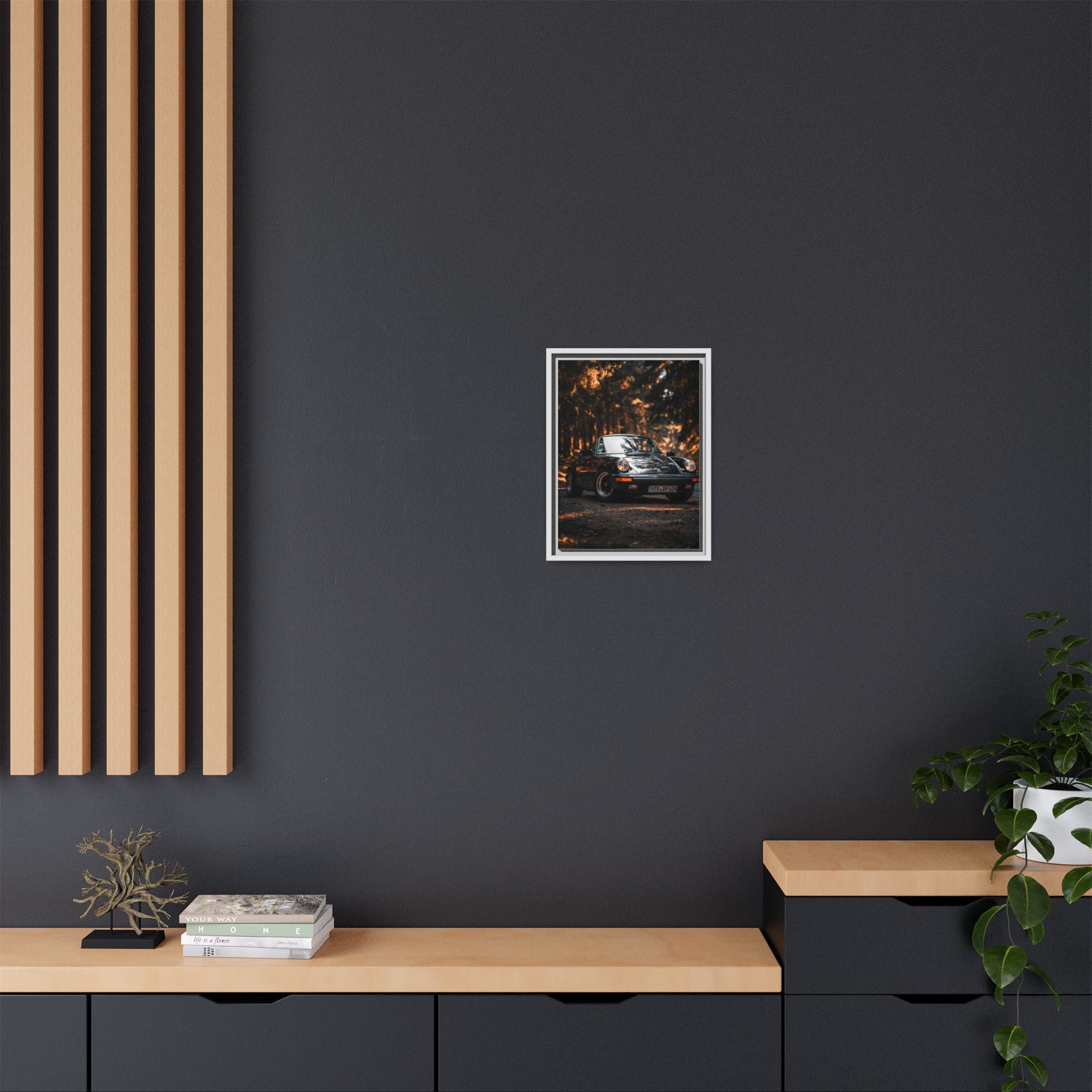 Framed Matte Canvas Print — Vintage Black Porsche in Autumn Forest