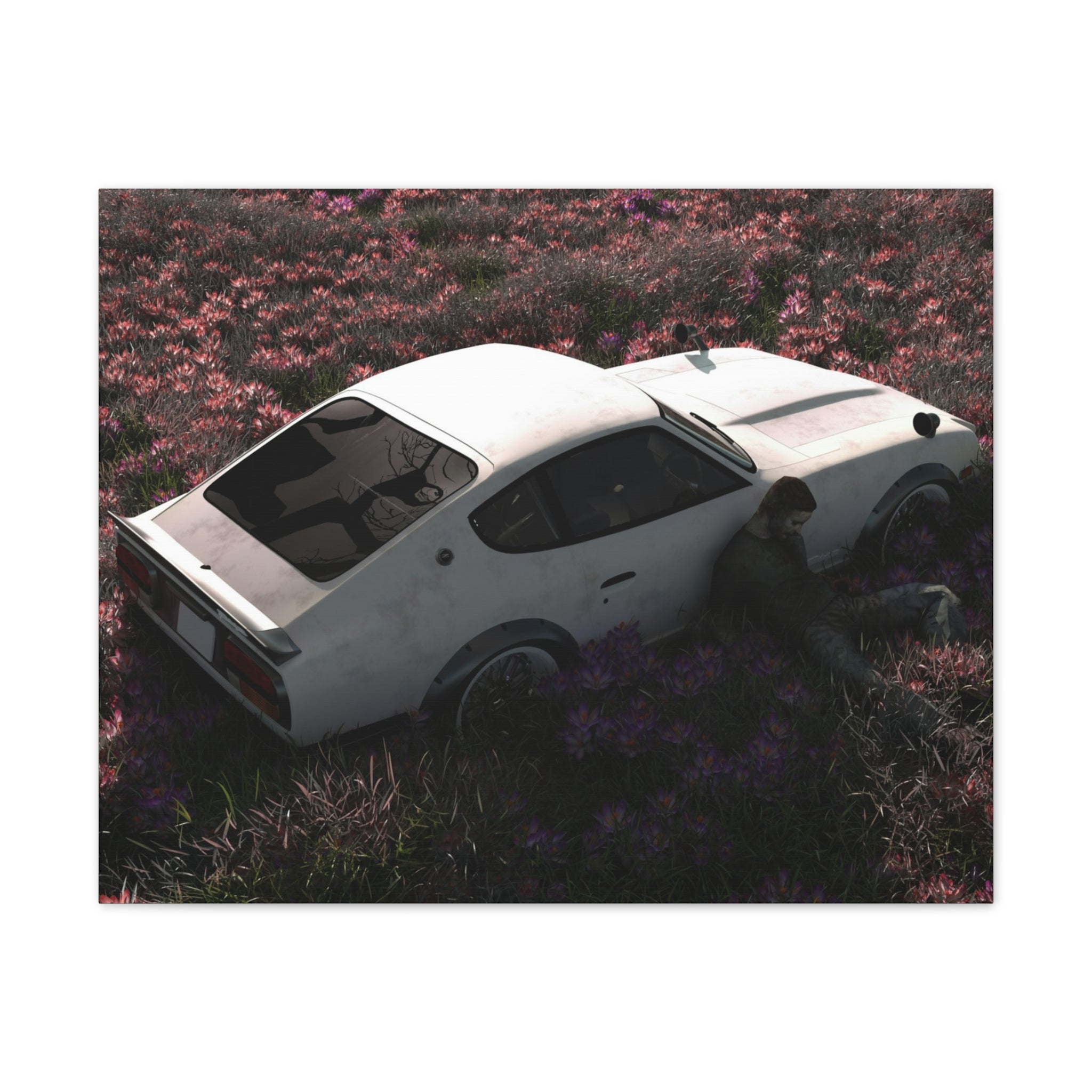 Vintage White Datsun in Wildflower Field Canvas