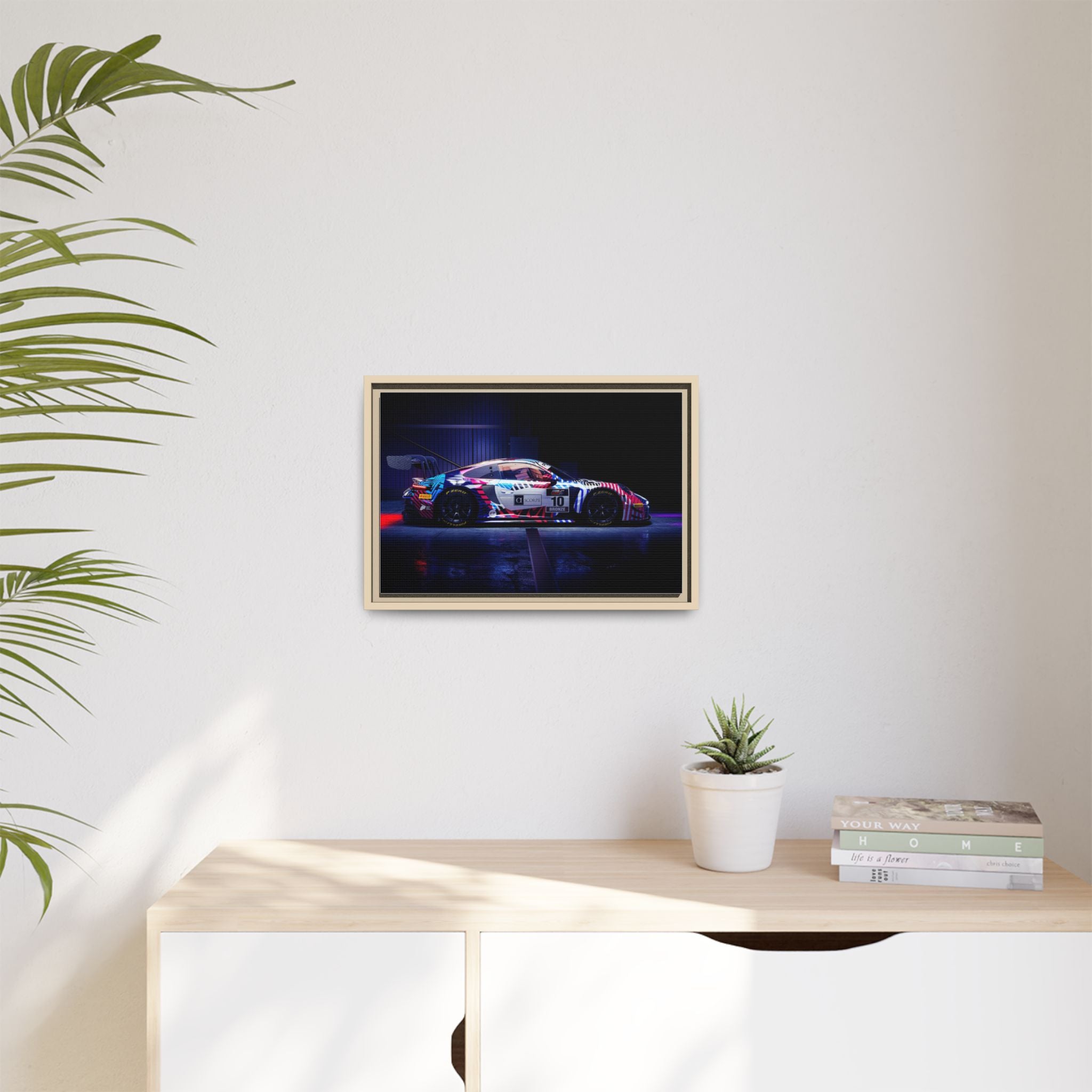 Framed Matte Canvas Print — Neon Racecar Wall Art