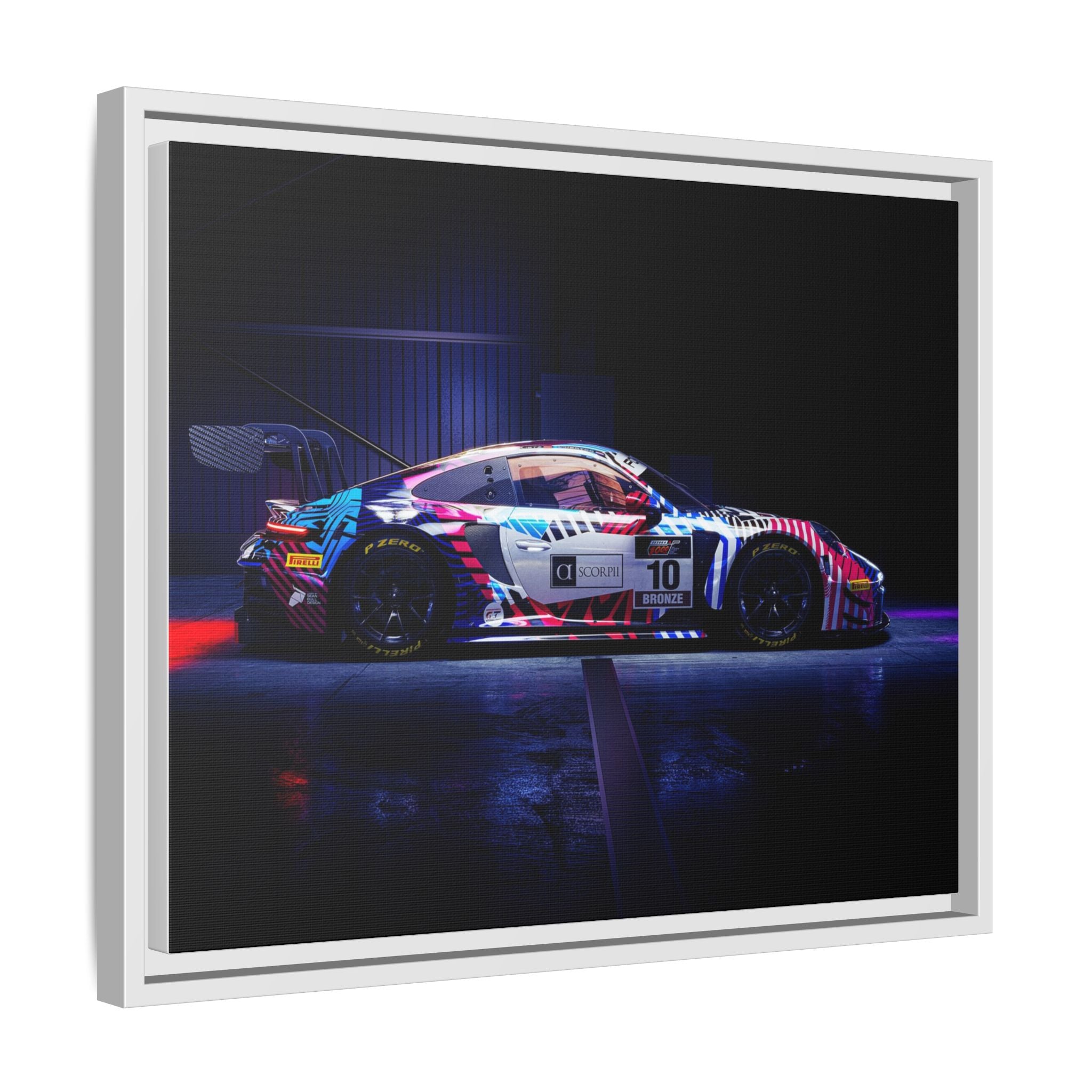 Framed Matte Canvas Print — Neon Racecar Wall Art