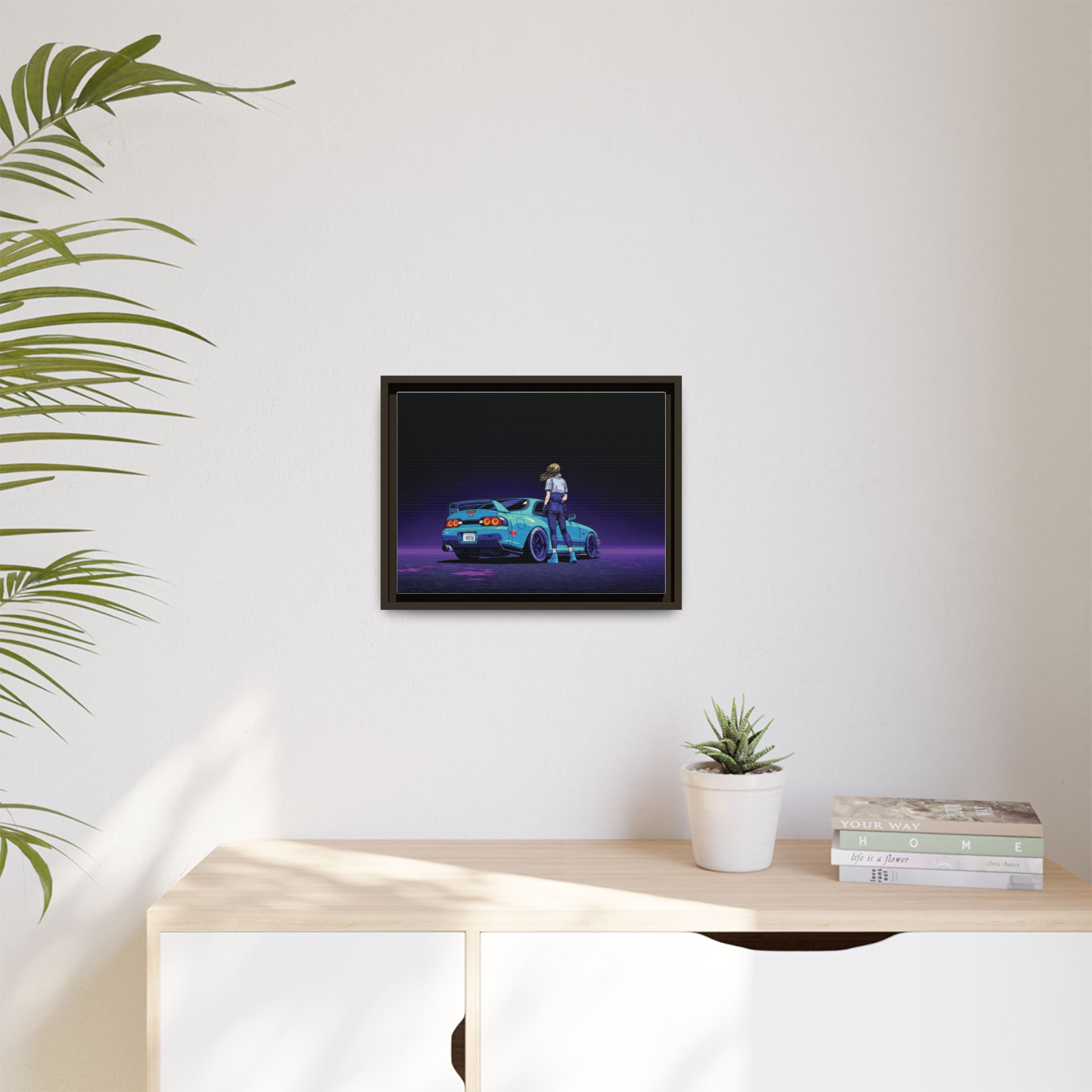 Retro Neon Race Car Poster Matte Canvas Framed | Anime Driver Wall Art