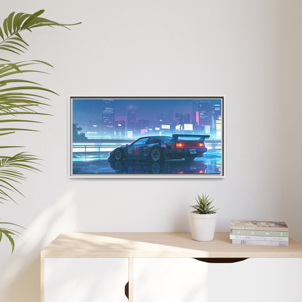 Retro Neon City Car Matte Canvas Print — Framed Wall Art