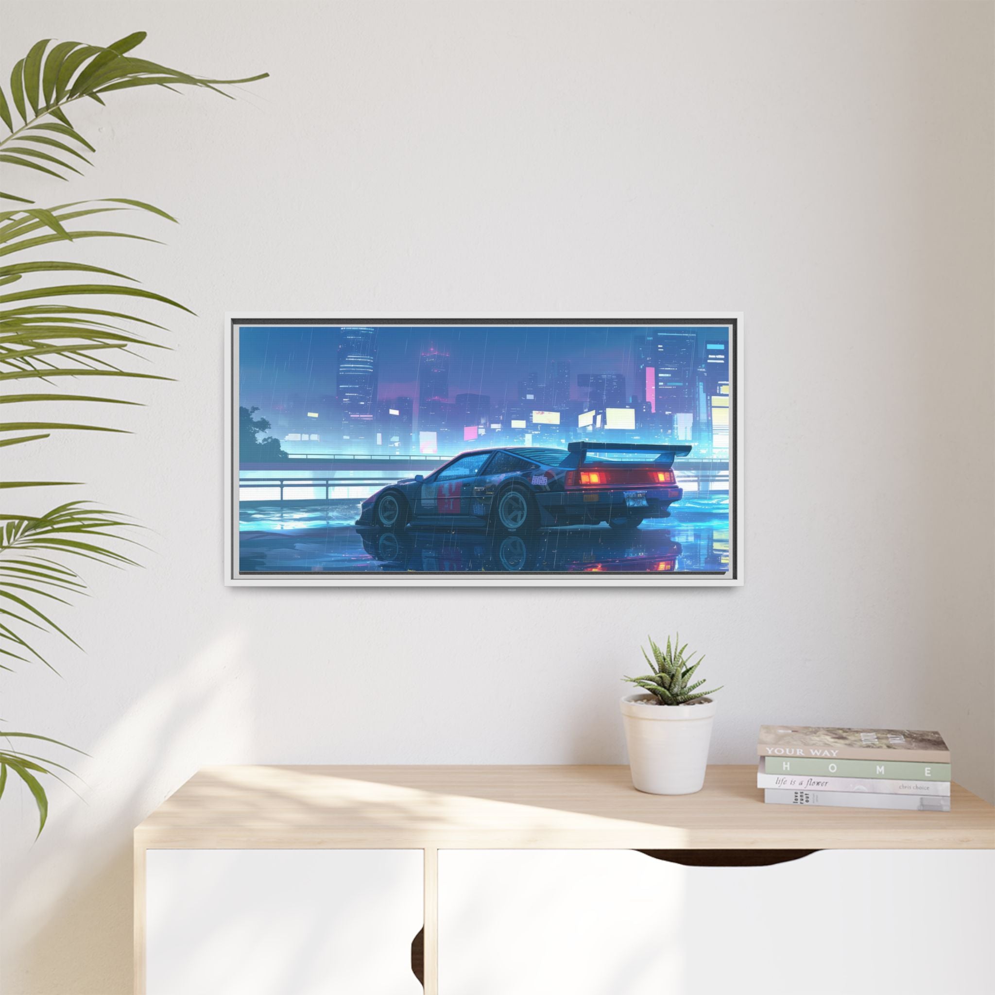 Retro Neon City Car Matte Canvas Print — Framed Wall Art