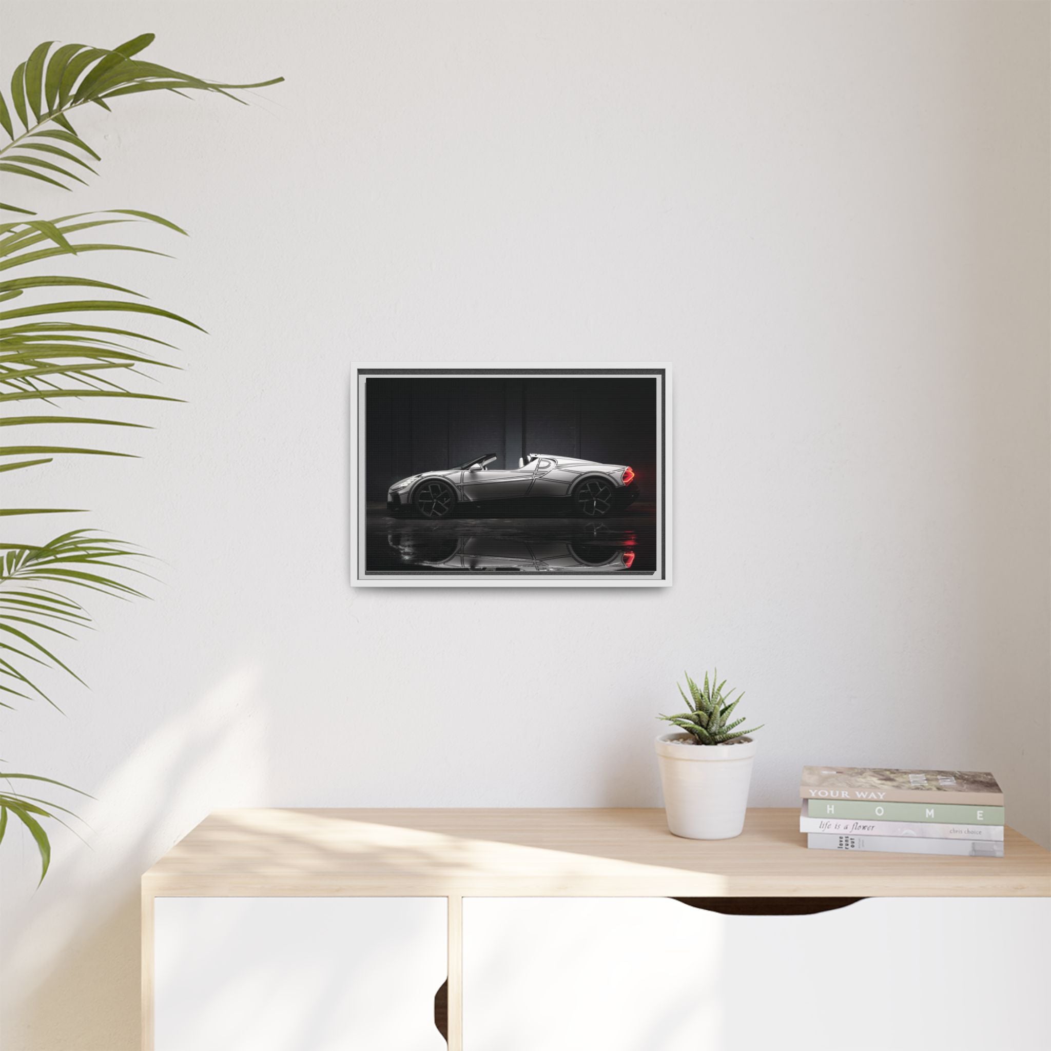 Framed Matte Canvas: Sleek Sports Car Reflection Wall Art