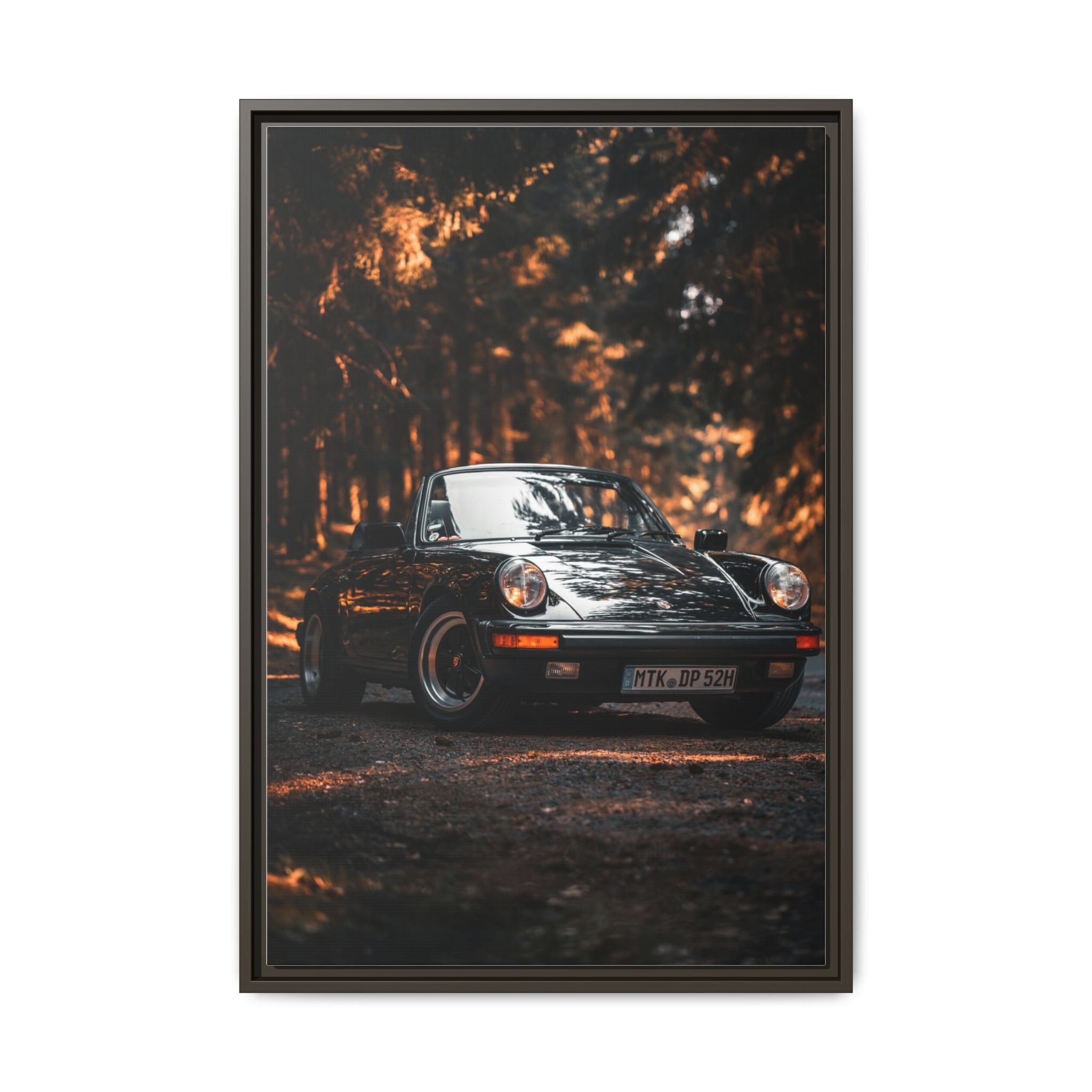 Framed Matte Canvas Print — Vintage Black Porsche in Autumn Forest