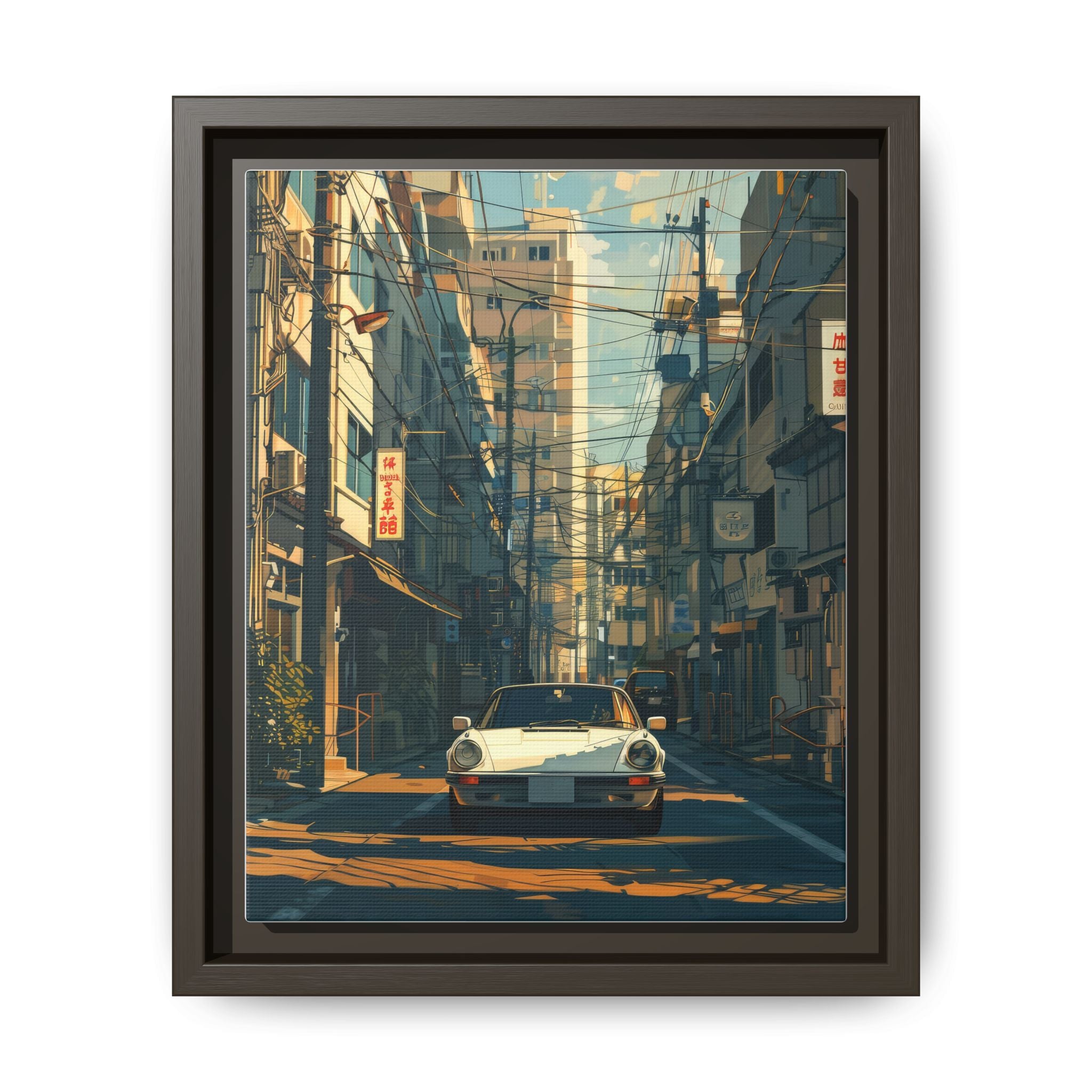 Vintage Sports Car Cityscape Framed Canvas Print
