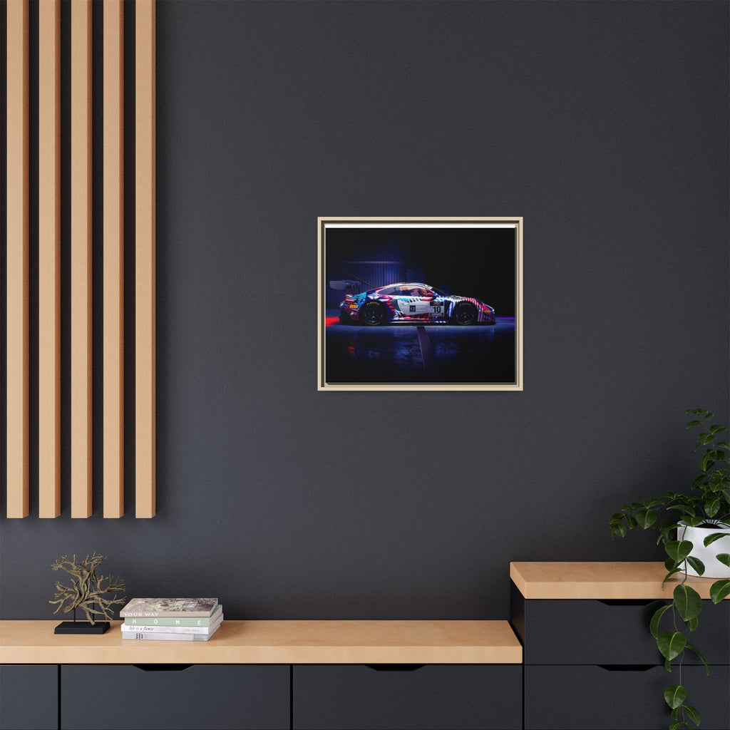 Framed Matte Canvas Print — Neon Racecar Wall Art