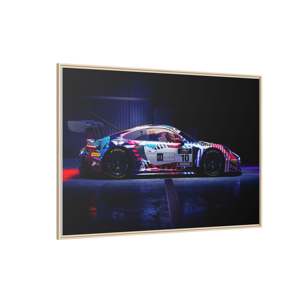 Framed Matte Canvas Print — Neon Racecar Wall Art