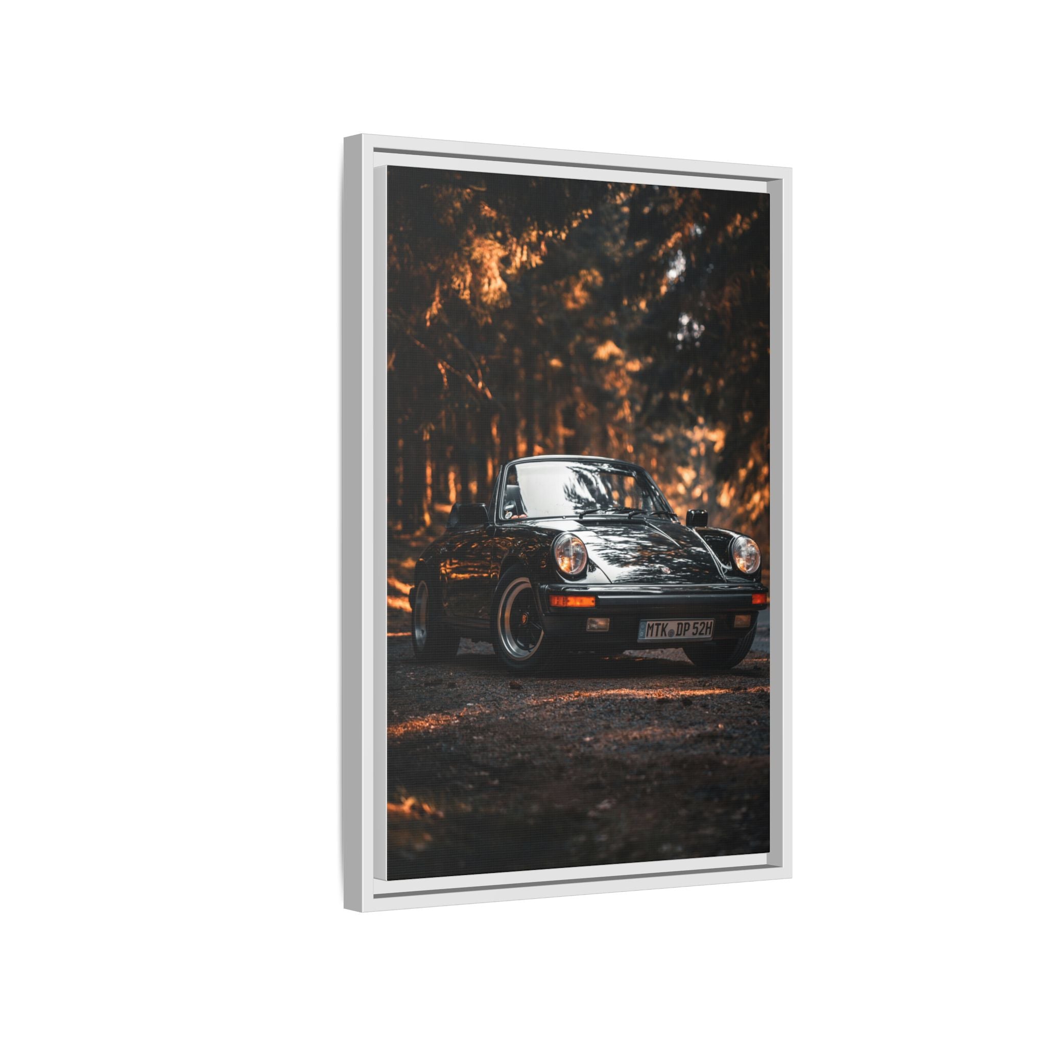 Framed Matte Canvas Print — Vintage Black Porsche in Autumn Forest