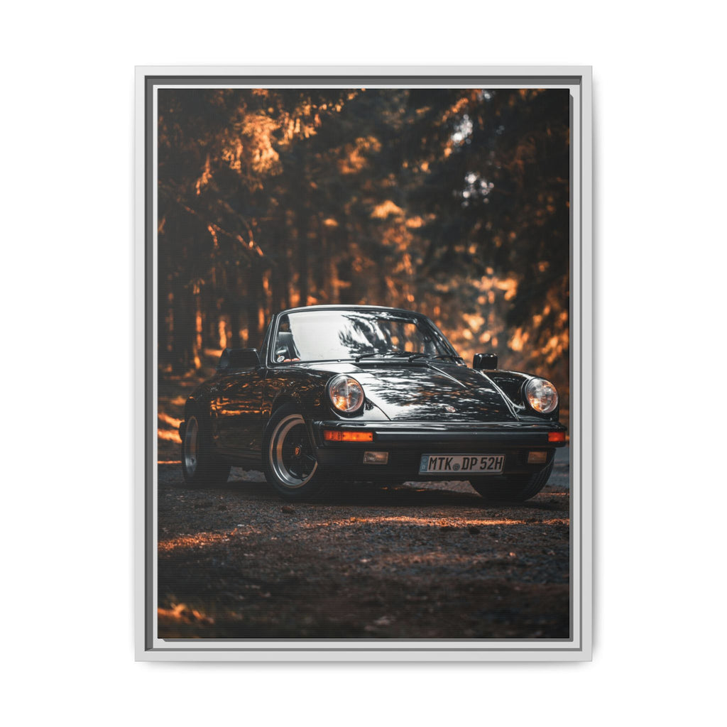 Framed Matte Canvas Print — Vintage Black Porsche in Autumn Forest