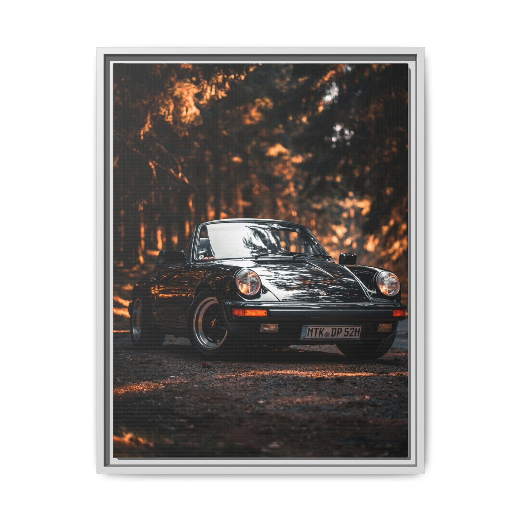 Framed Matte Canvas Print — Vintage Black Porsche in Autumn Forest