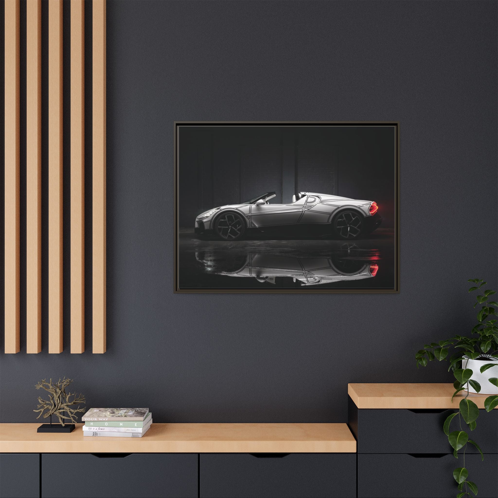 Framed Matte Canvas: Sleek Sports Car Reflection Wall Art