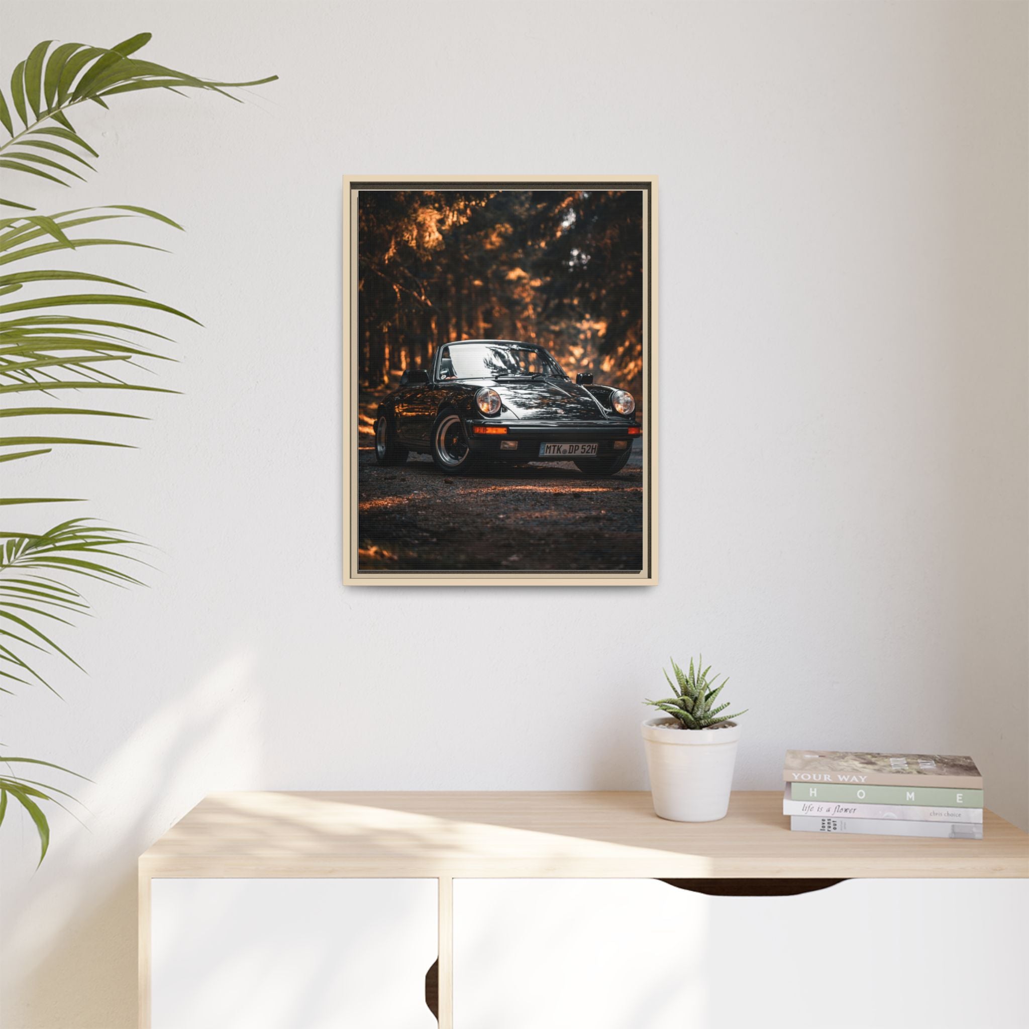 Framed Matte Canvas Print — Vintage Black Porsche in Autumn Forest
