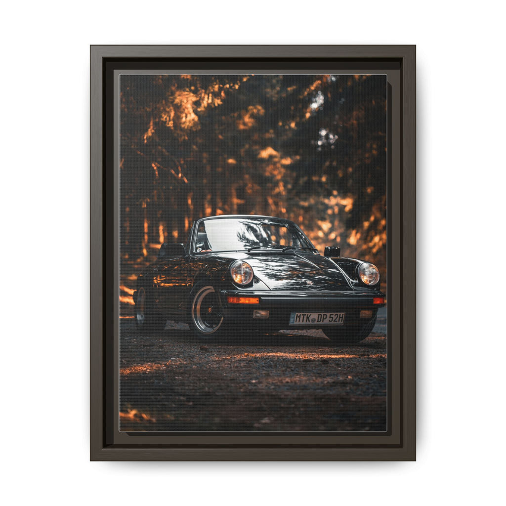 Framed Matte Canvas Print — Vintage Black Porsche in Autumn Forest