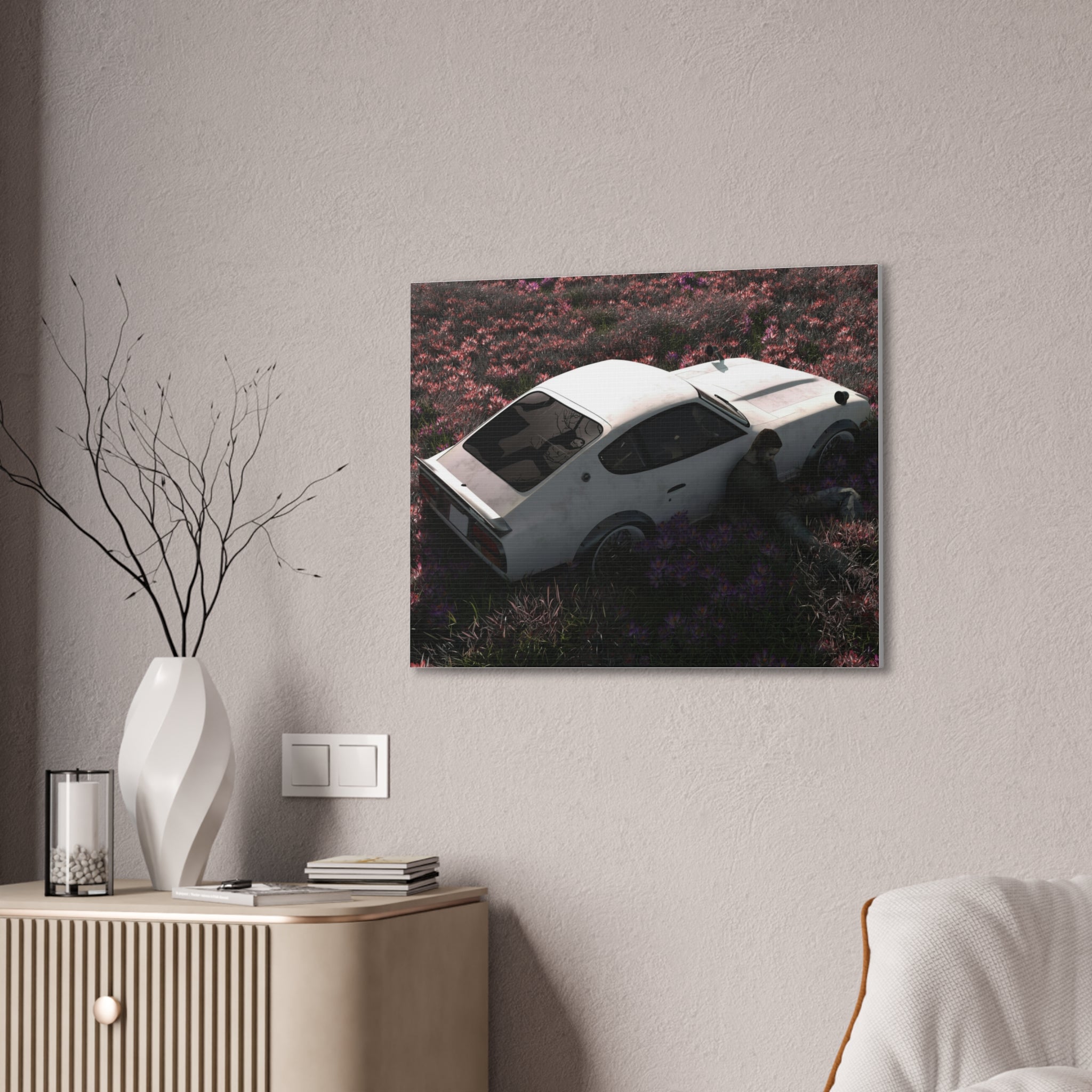 Vintage White Datsun in Wildflower Field Canvas